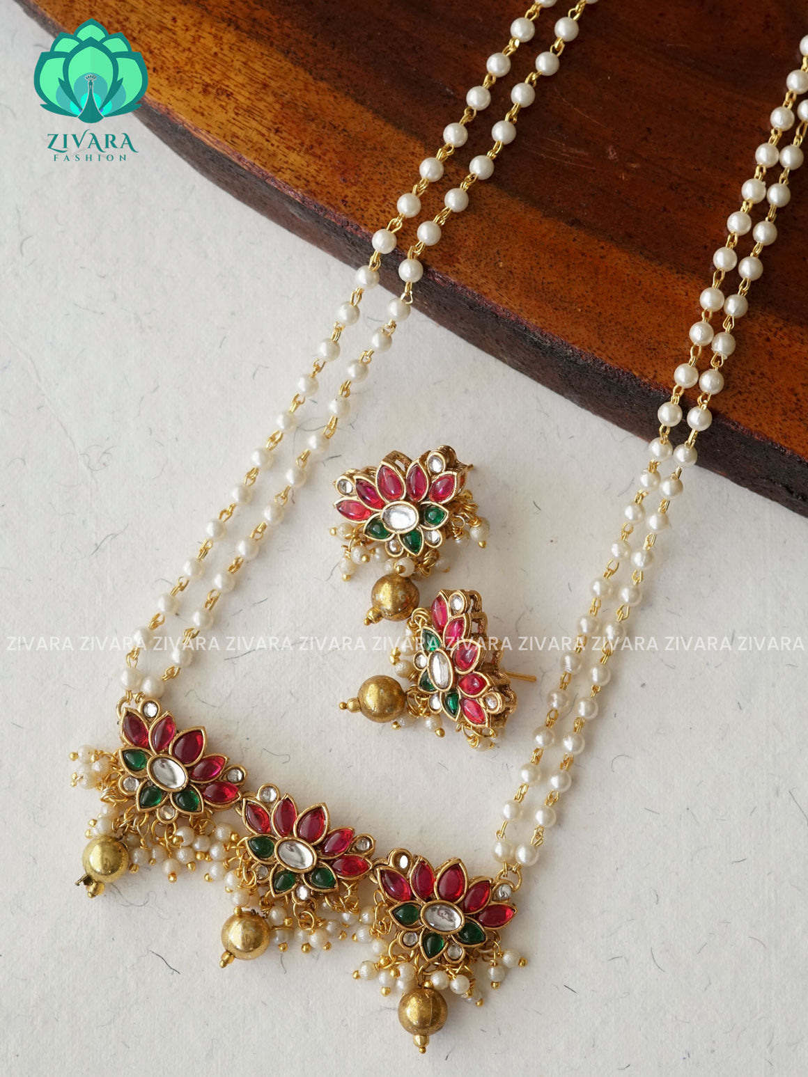 RUBY GREEN LOTUS Pearl Neckset - Normal matte Neckwear with earrings-latest south indian jewellery