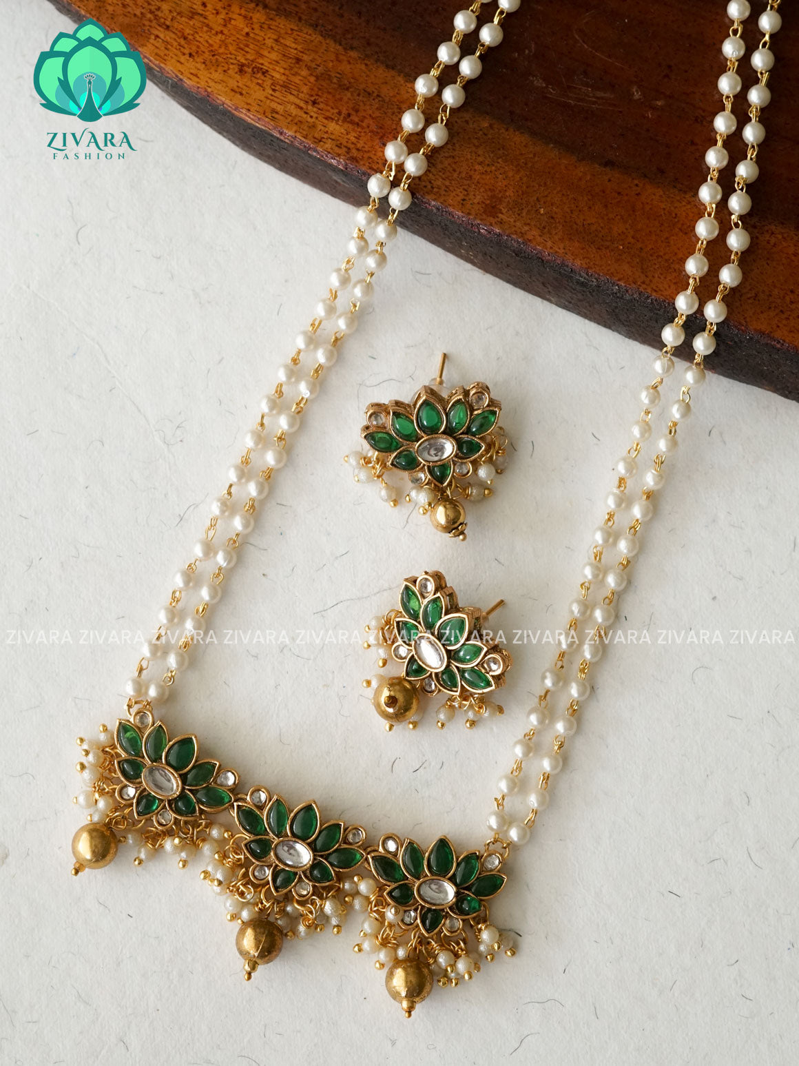 GREEN LOTUS Pearl Neckset - Normal matte Neckwear with earrings-latest south indian jewellery