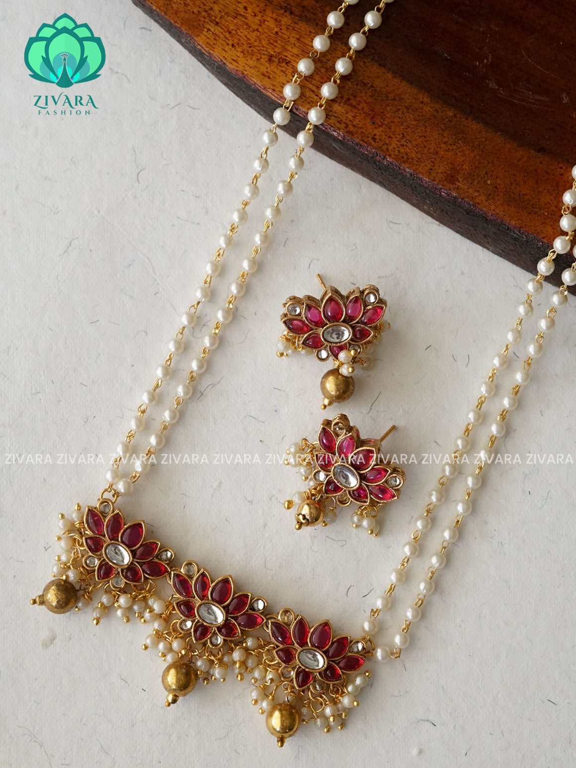 RUBY LOTUS Pearl Neckset - Normal matte Neckwear with earrings-latest south indian jewellery