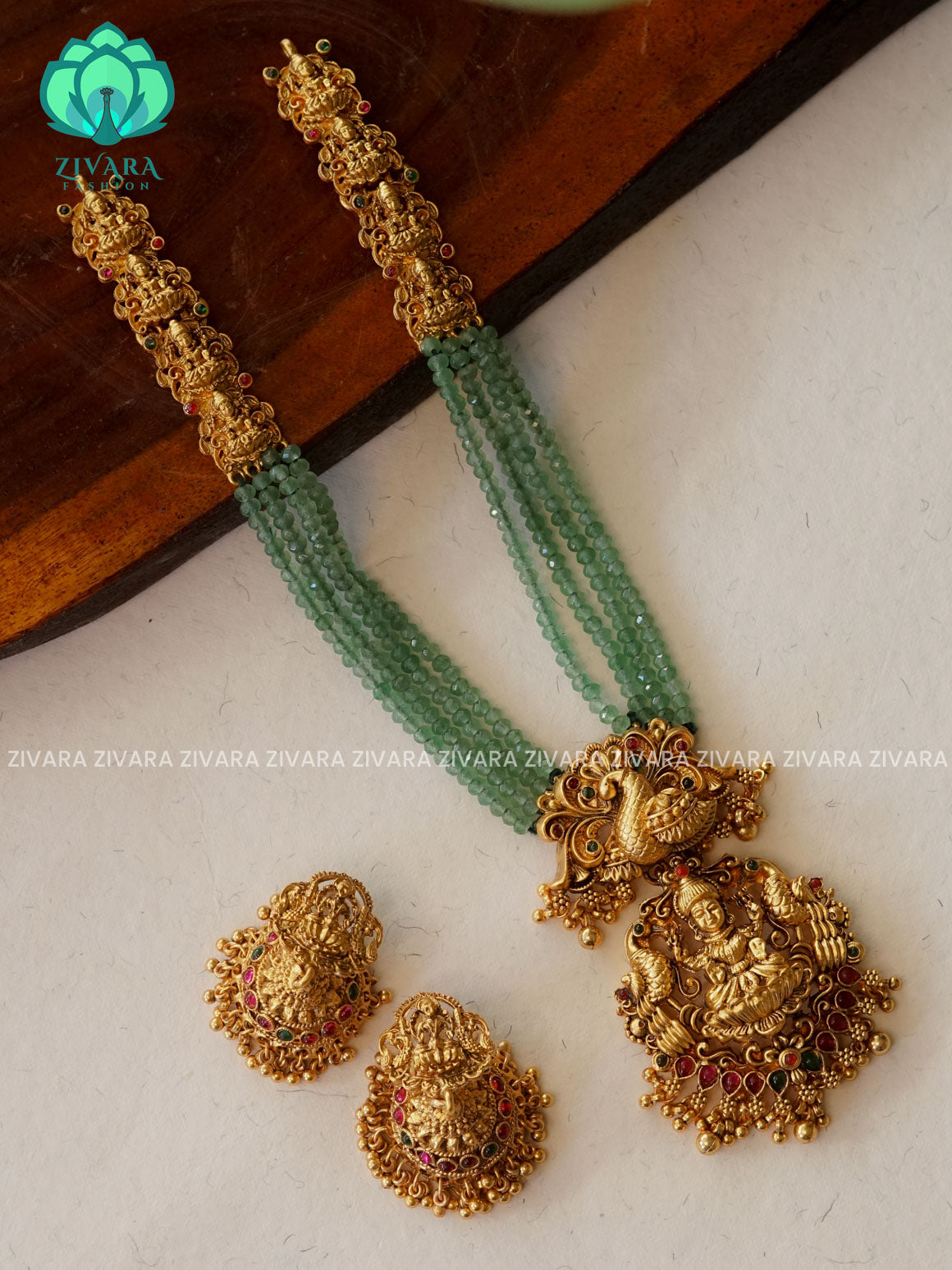 PASTEL GREEN BEADS - Traditional NORMAL  MATTE polish MIDCHEST haaram/neckwear with earrings- Zivara Fashion