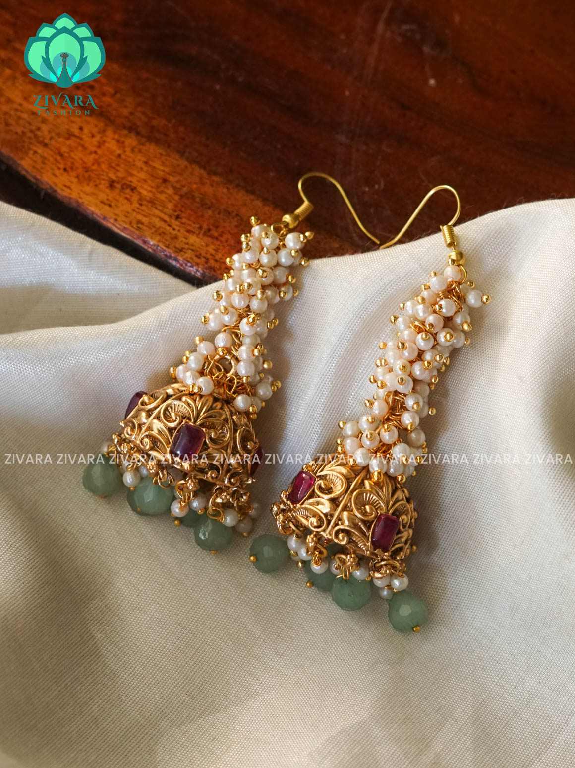 LONG PEARL CLUSTER - TRADITIONAL NORMAL MATTE  polish JHUMKA- latest jewellery collection- zivara fashion