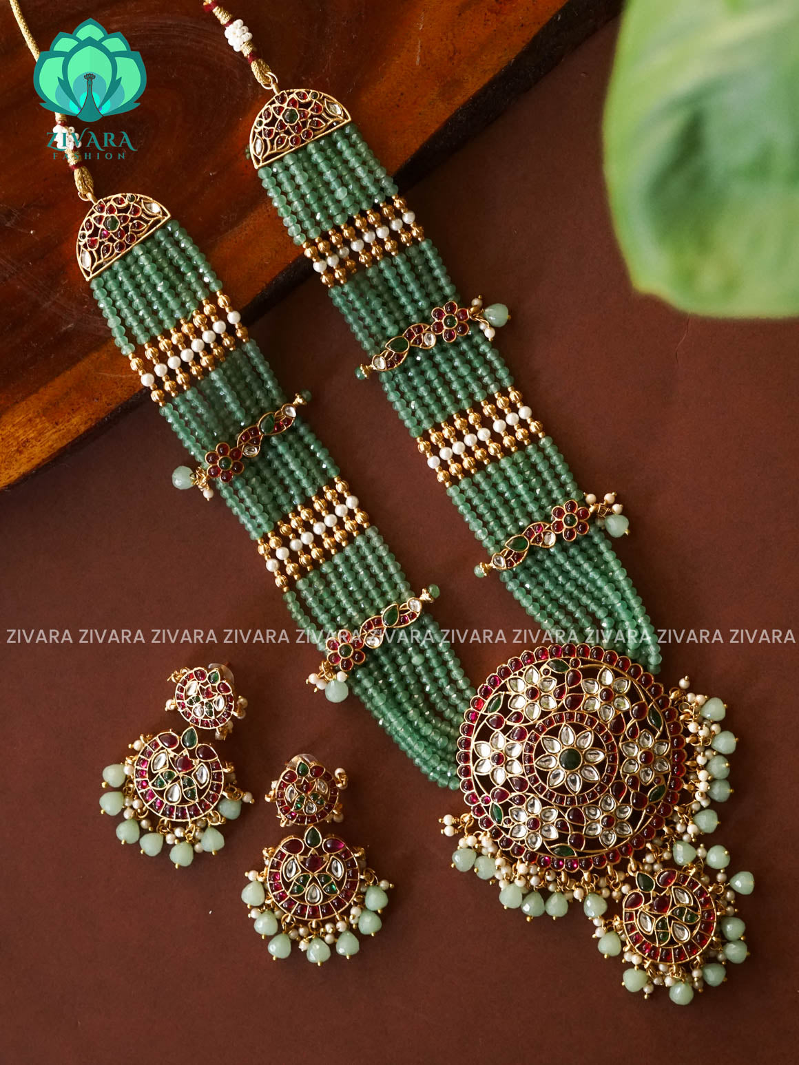 Pastel Green beads Rani haaram long neckwear with earrings- normal Matte Finish- Zivara Fashion