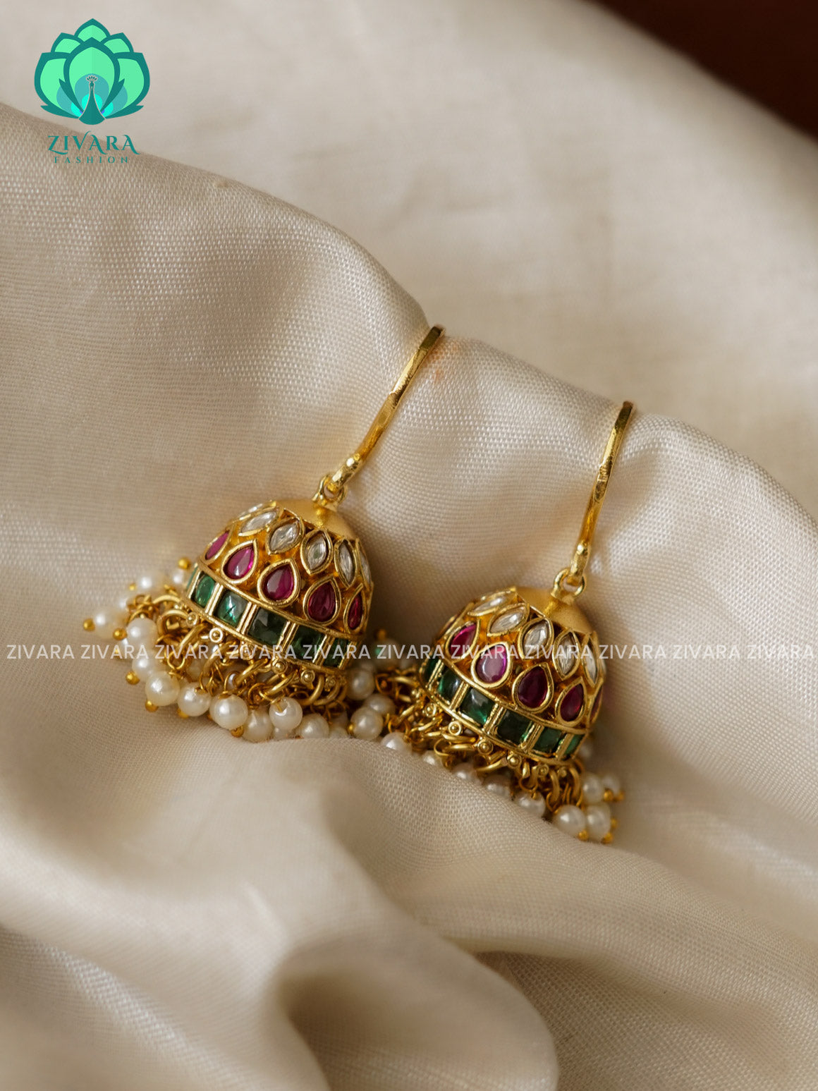 RUBY  AND GREEN stone hook type - TRADITIONAL PREMIUM MATTE  polish JHUMKA- latest jewellery collection- zivara fashion