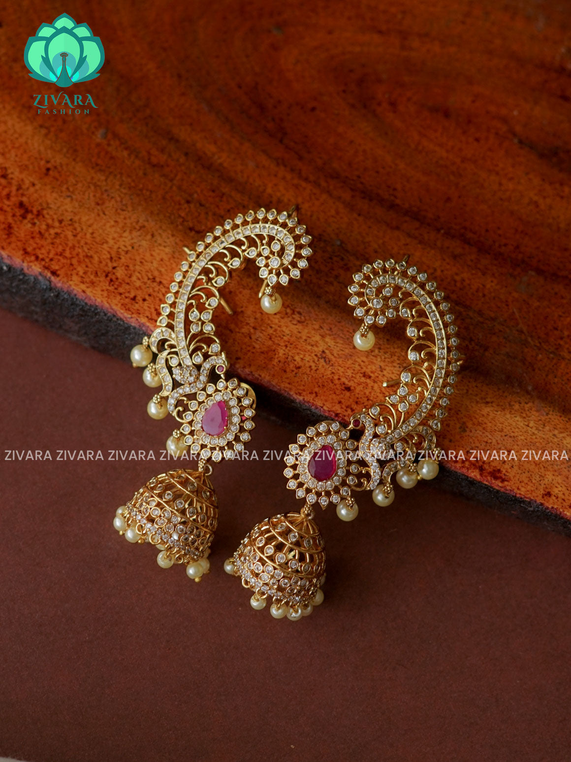 EARCUFF PEACOCK TRADITIONAL PREMIUM MATTE  polish JHUMKA- latest jewellery collection- zivara fashion