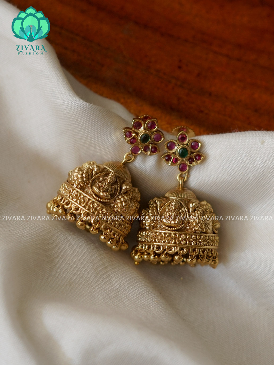 TEMPLE JHUMKA- TRADITIONAL PREMIUM MATTE  polish JHUMKA- latest jewellery collection- zivara fashion