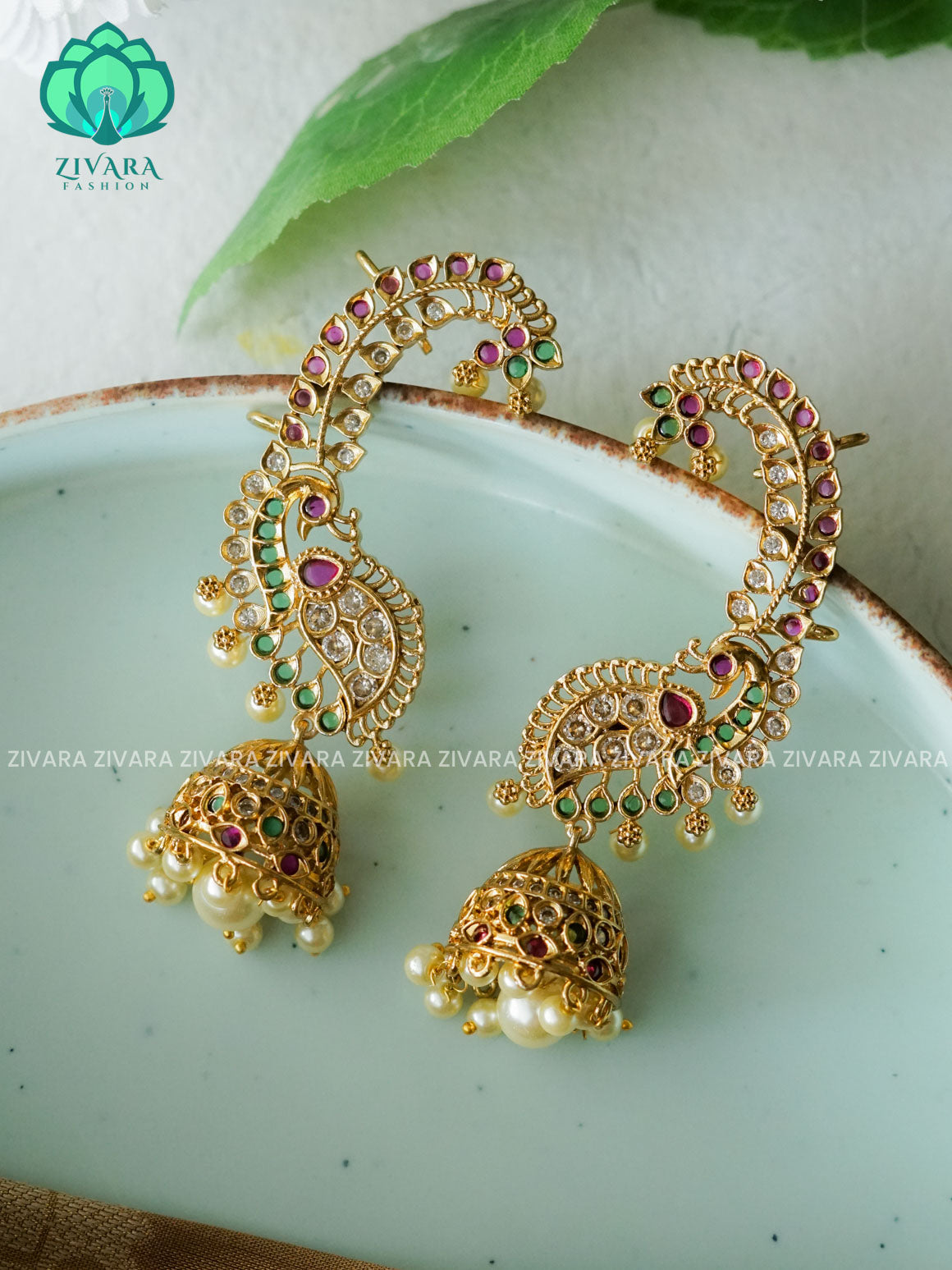 EARCUFF PEACOCK TRADITIONAL PREMIUM MATTE  polish JHUMKA- latest jewellery collection- zivara fashion