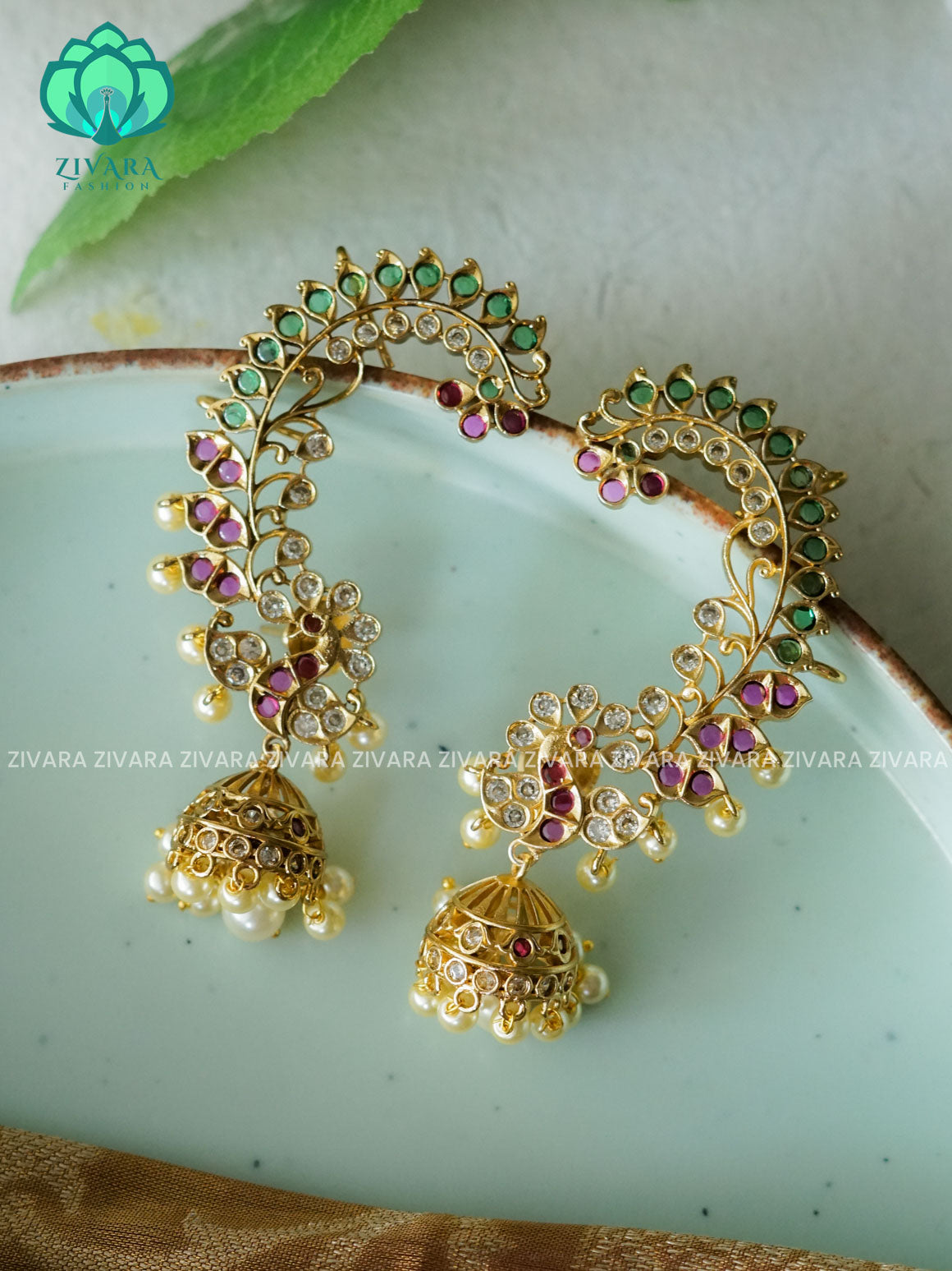 EARCUFF PEACOCK TRADITIONAL PREMIUM MATTE  polish JHUMKA- latest jewellery collection- zivara fashion