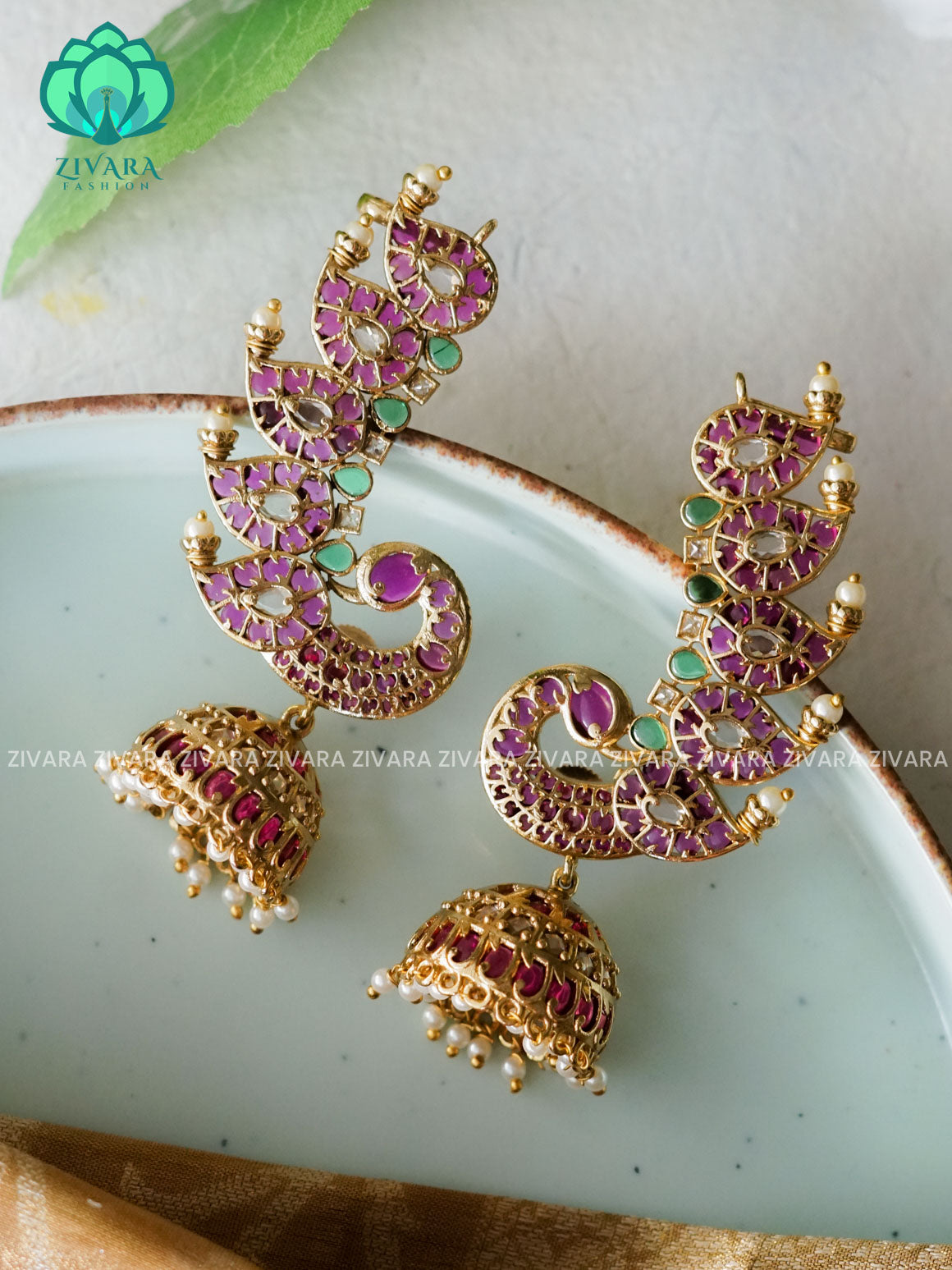 EARCUFF PEACOCK TRADITIONAL PREMIUM MATTE  polish JHUMKA- latest jewellery collection- zivara fashion