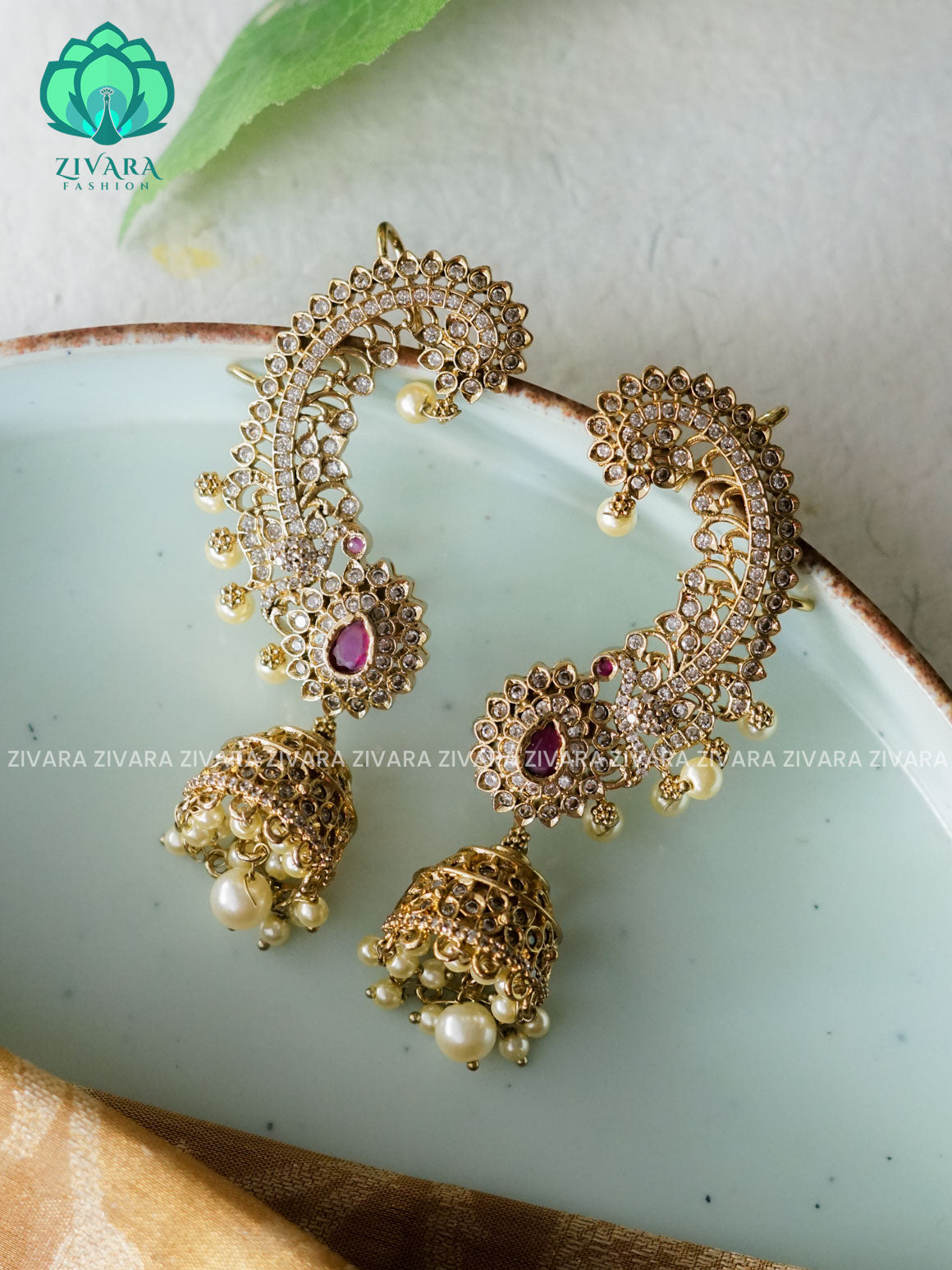 EARCUFF PEACOCK TRADITIONAL PREMIUM MATTE  polish JHUMKA- latest jewellery collection- zivara fashion
