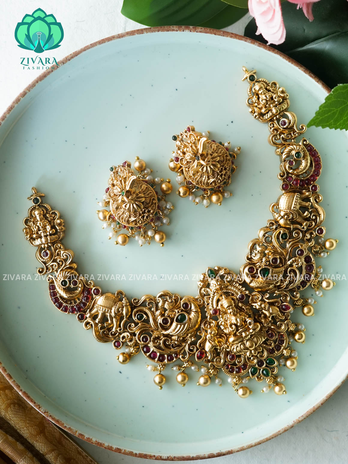 TEMPLE HEAVY BRIDAL    - Traditional south indian NORMAL MATTE neckwear with earrings- Zivara Fashion- latest jewellery design