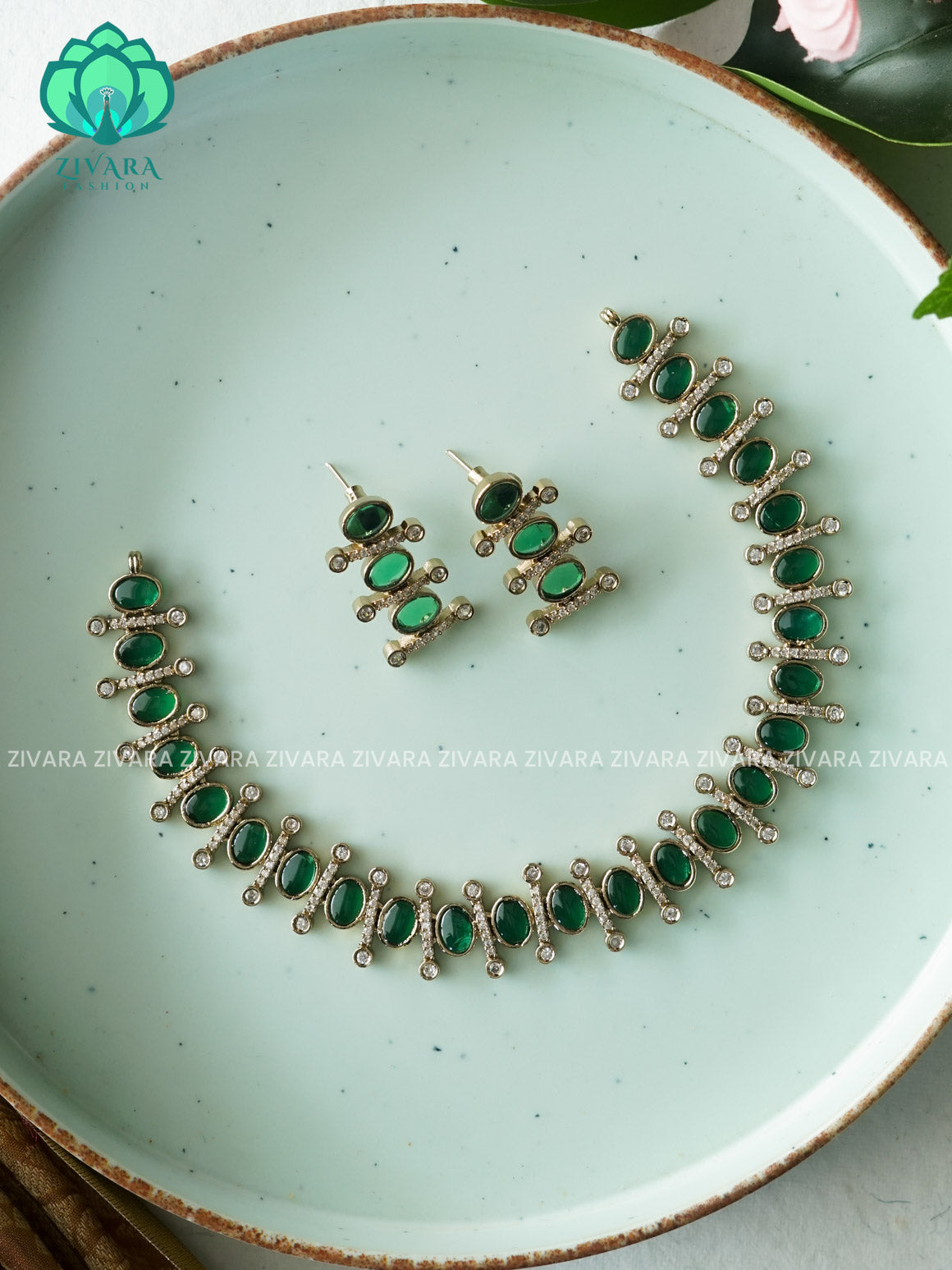 GREEN OVAL  - SUBTLE POLISH stylish and minimal elegant neckwear with earrings- Zivara Fashion