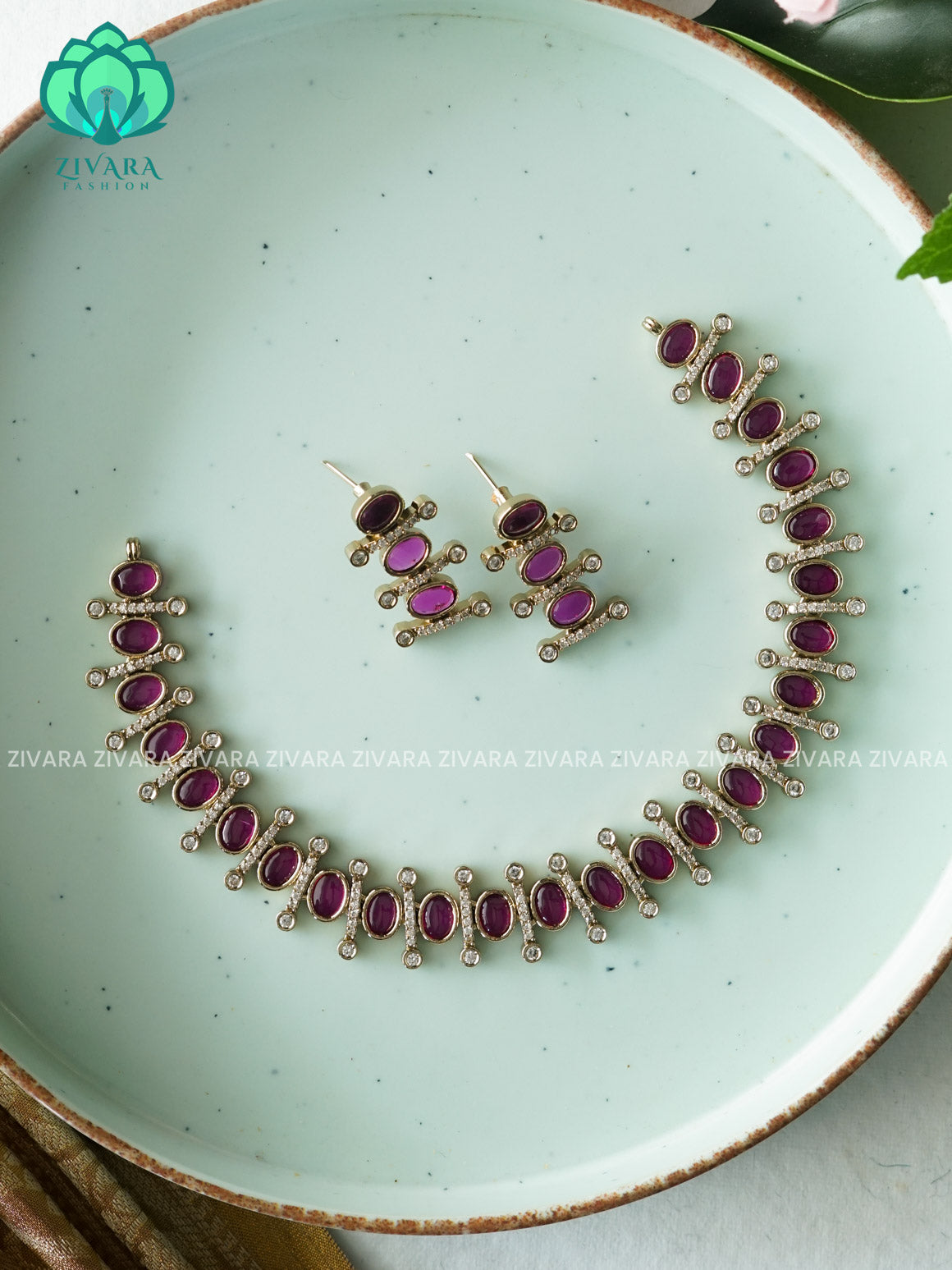 RUBY OVAL  - SUBTLE POLISH stylish and minimal elegant neckwear with earrings- Zivara Fashion