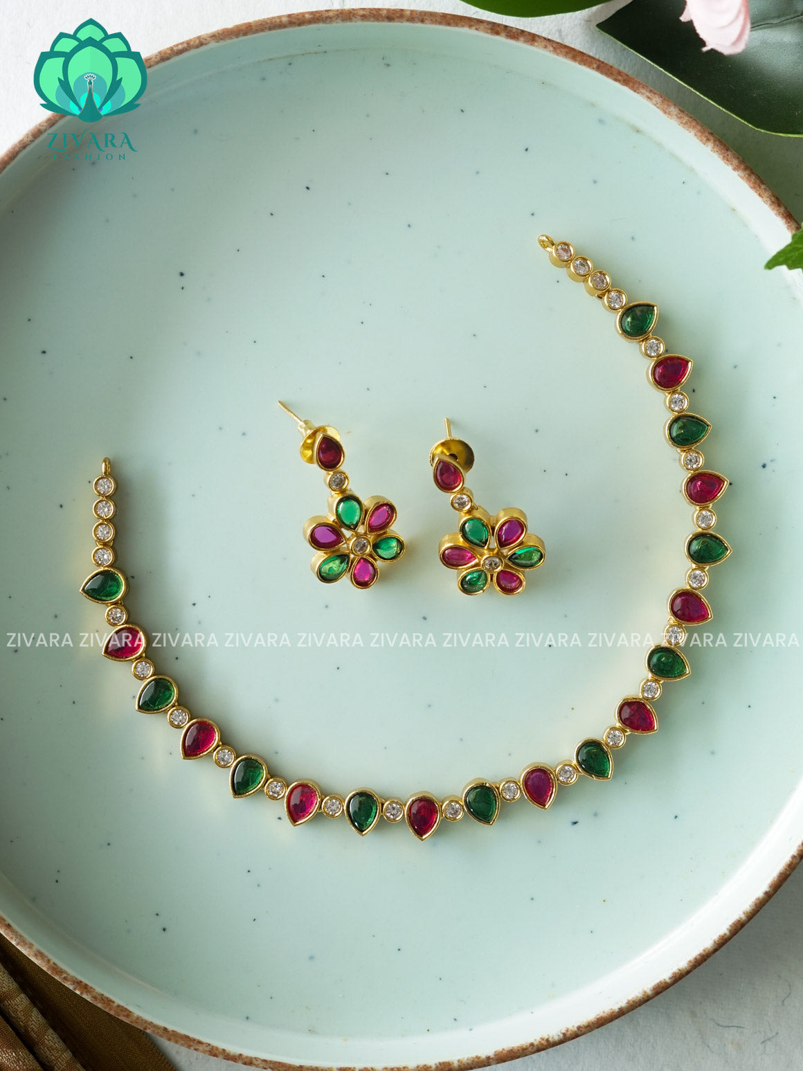 Ruby and green Tear - stylish and minimal elegant neckwear with earrings- Zivara Fashion (Copy