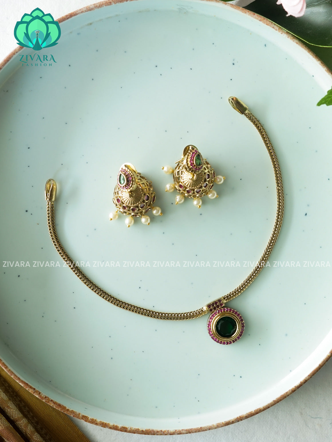 BHANU - GREEN PALAKKA Flexible chain- Traditional south indian NORMAL MATTE neckwear with earrings - Zivara Fashion