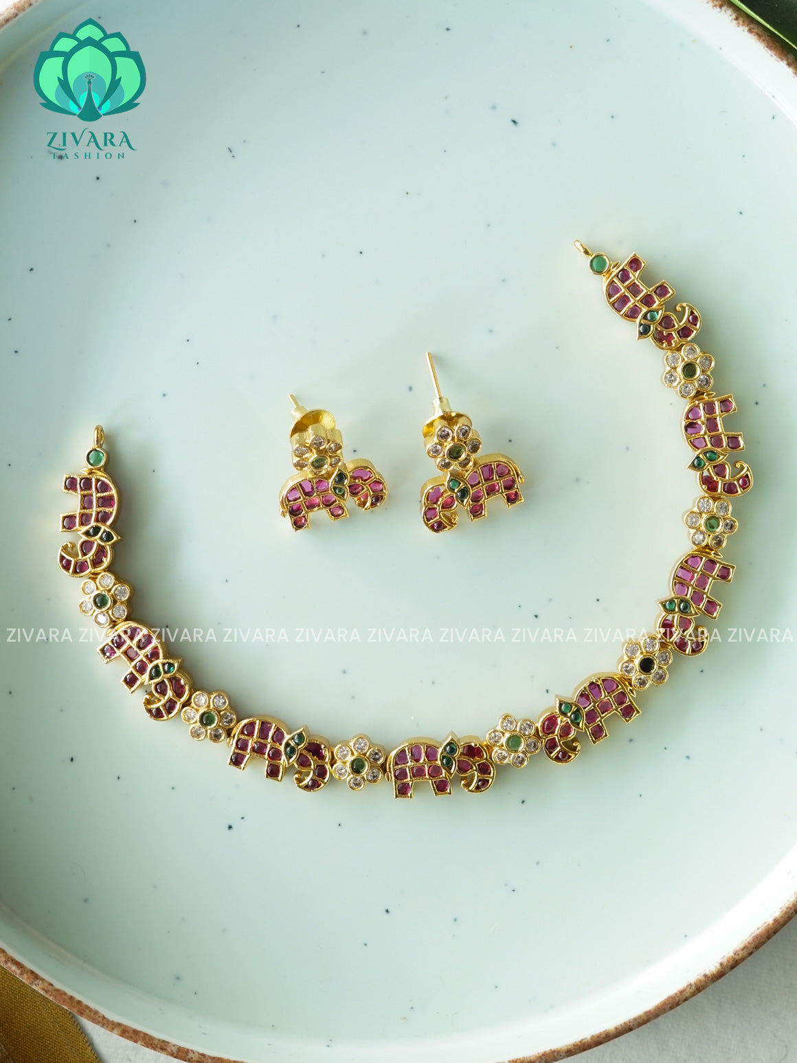 ELEPHANT KIDS FRIENDLY REAL KEMP  Traditional south indian premium neckwear with earrings- Zivara Fashion- latest jewellery desigN