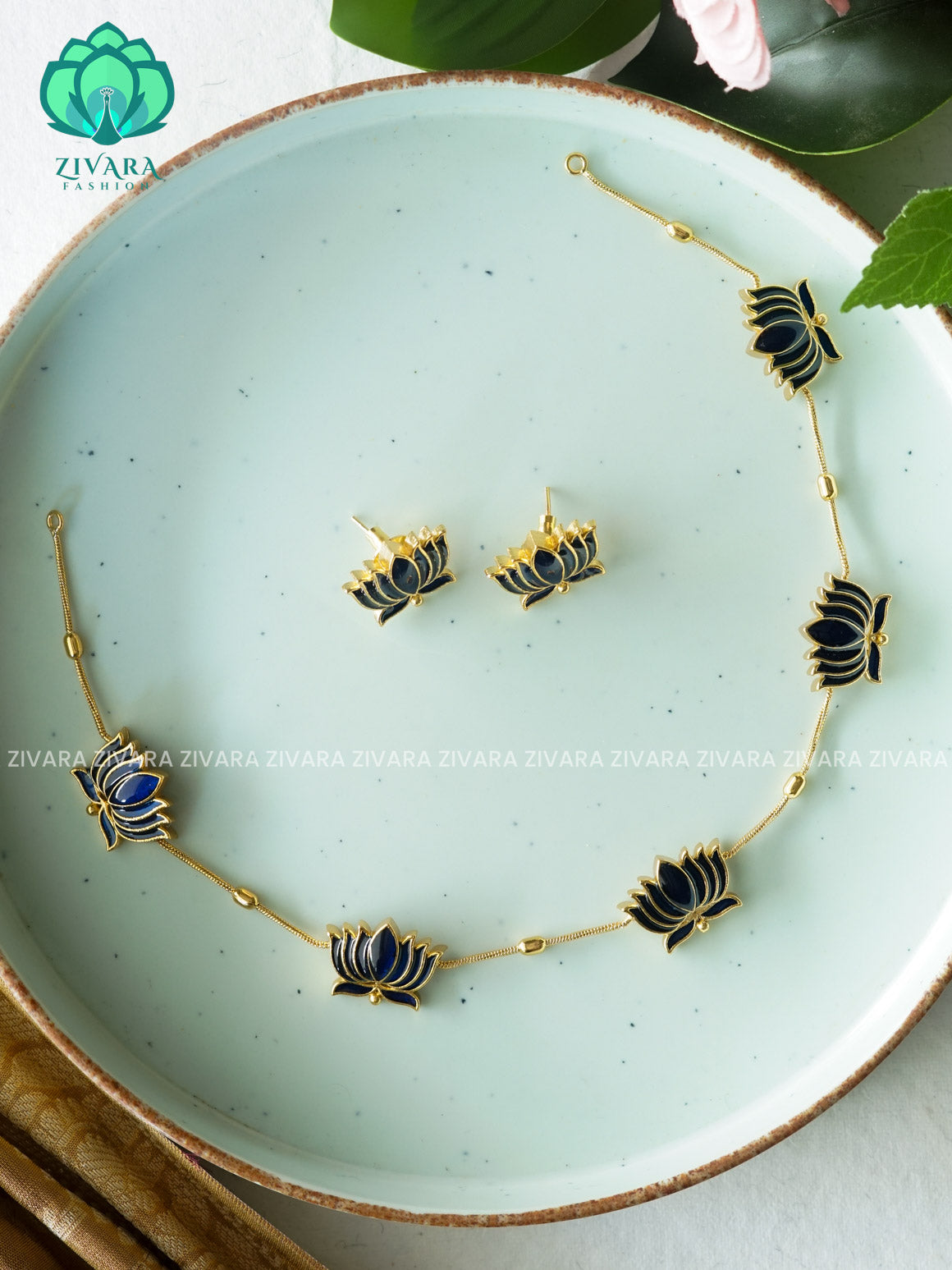 BLUE- MANJU WARRIER INSPIRED LOTUS ENAMEL  - stylish and minimal elegant neckwear with earrings- Zivara Fashion