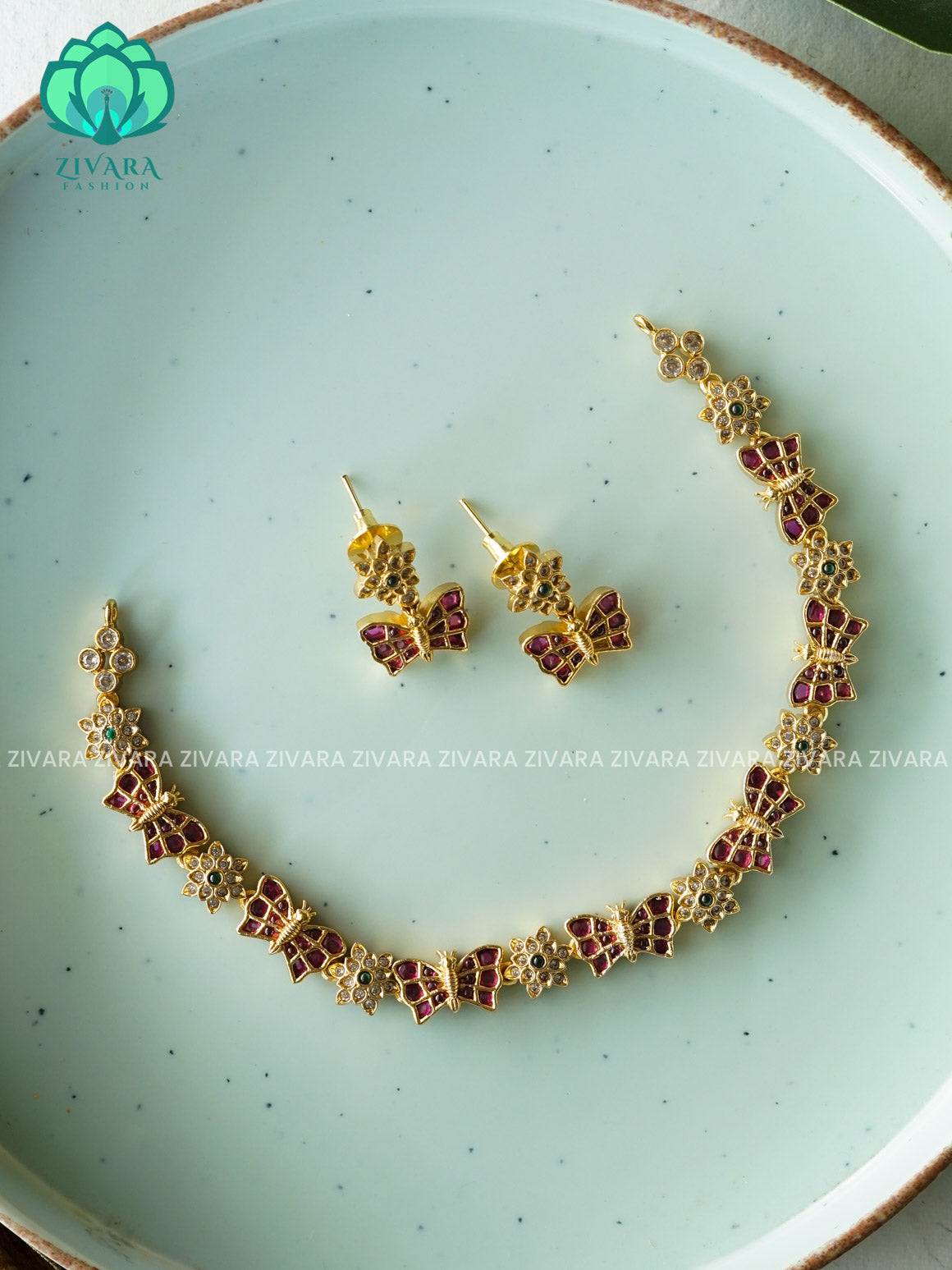 BUTTERFLY KIDS FRIENDLY REAL KEMP  Traditional south indian premium neckwear with earrings- Zivara Fashion- latest jewellery design