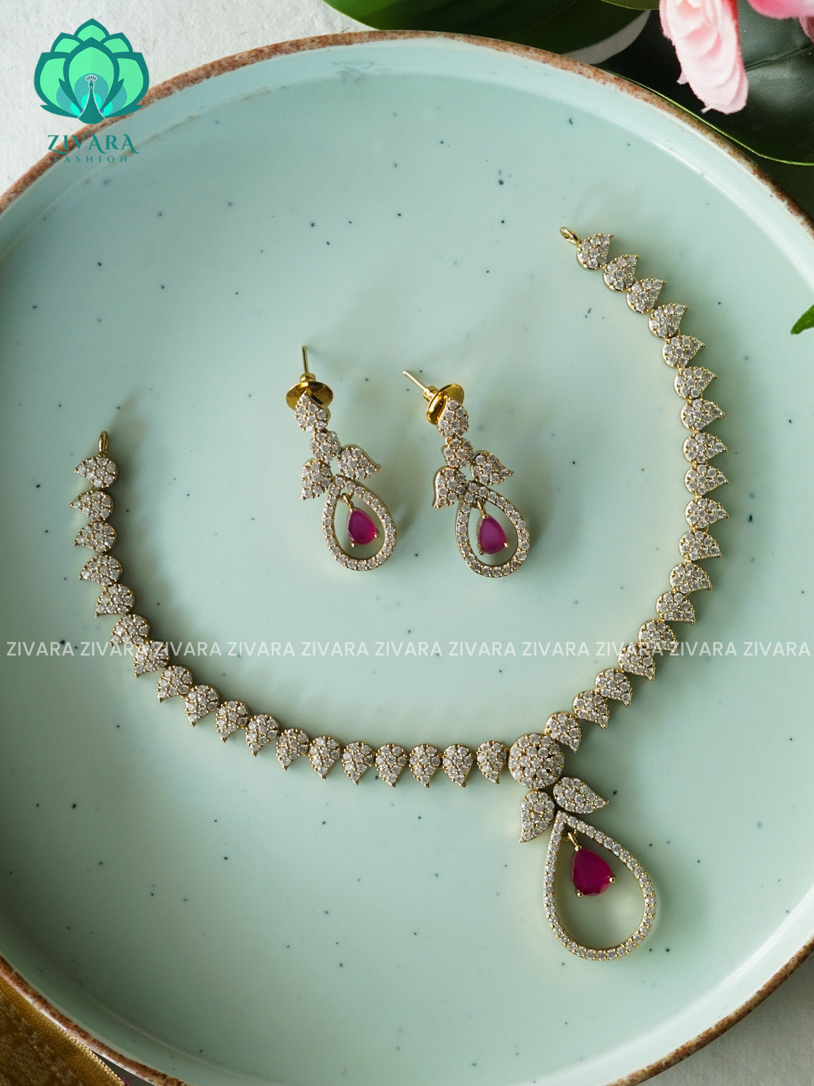 Ruby Tear elegant - stylish and minimal elegant neckwear with earrings- Zivara Fashion