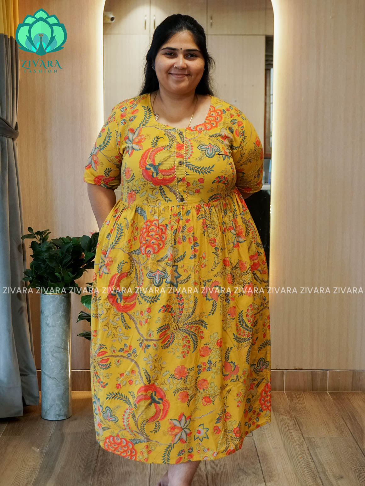 Manvi - Yellow  floral cotton long maxi for women- Label Zivara