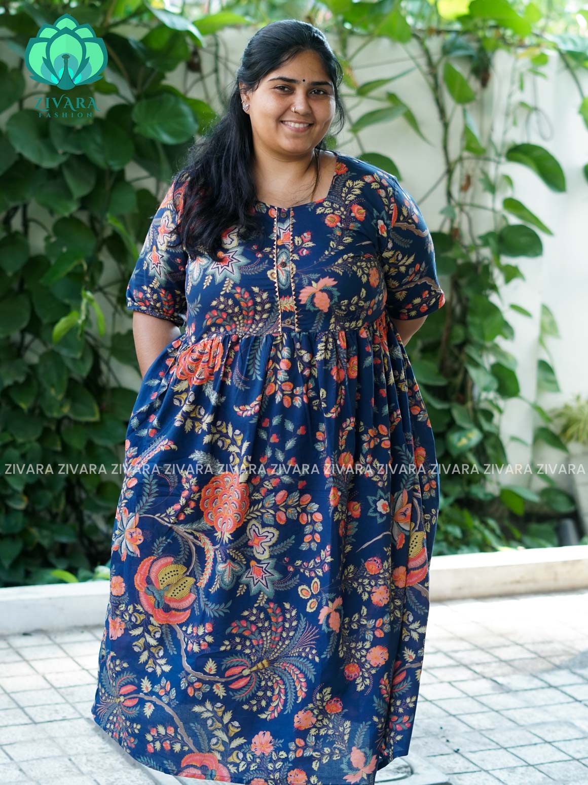 Manvi - Blue   floral cotton long maxi for women- Label Zivara