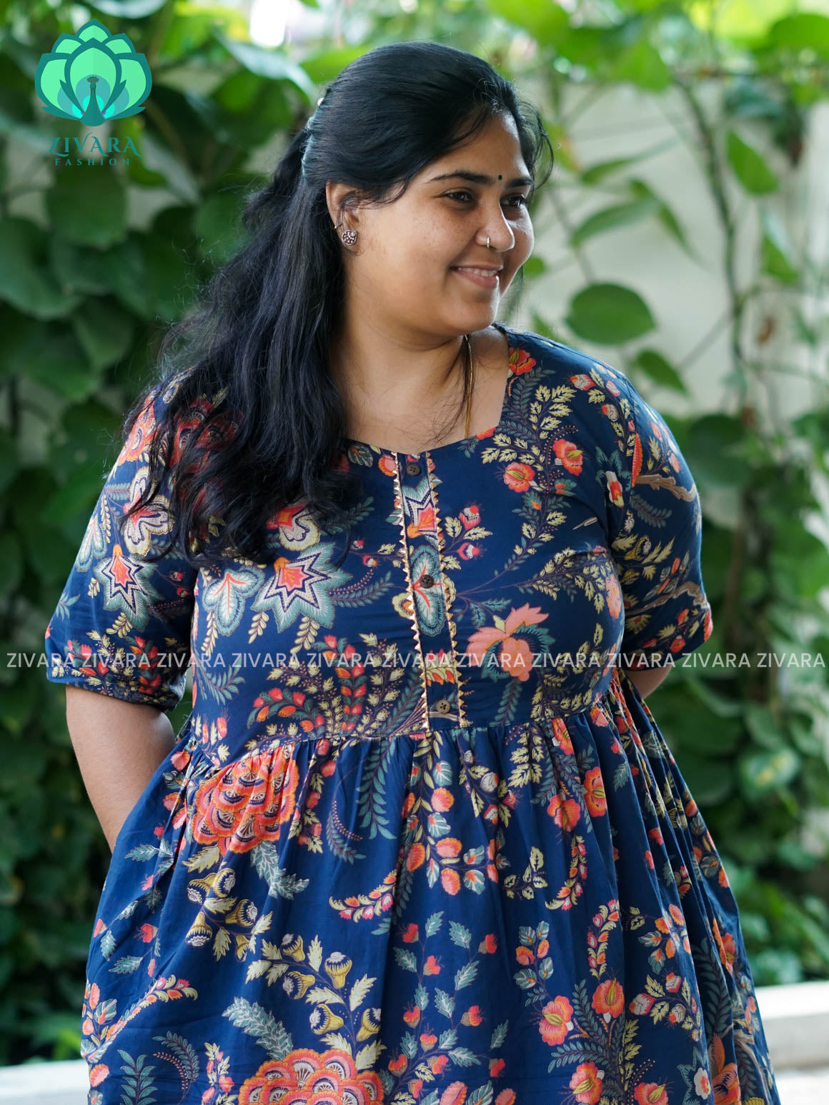 Manvi - Blue   floral cotton long maxi for women- Label Zivara