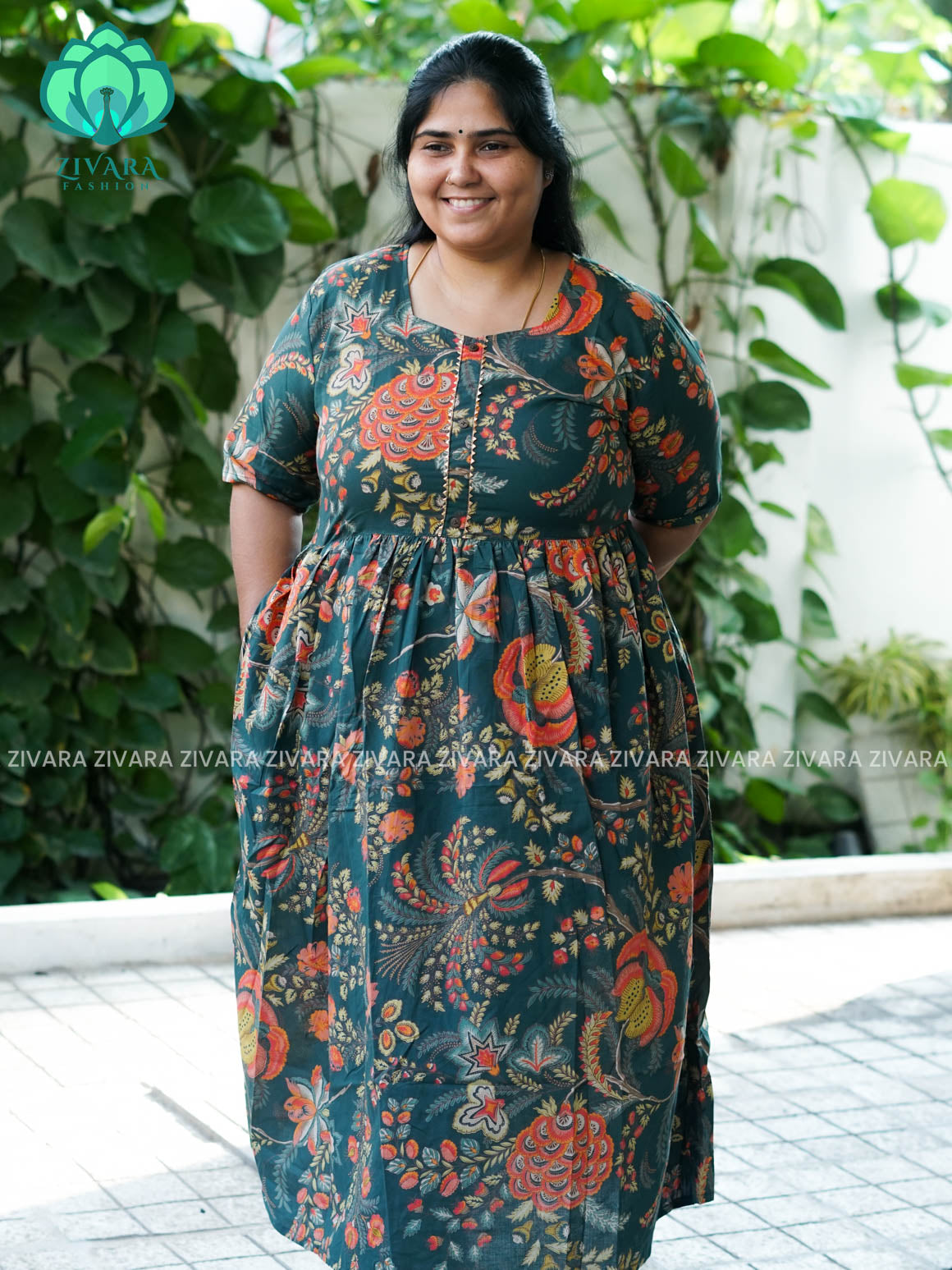 Manvi - Green    floral cotton long maxi for women- Label Zivara