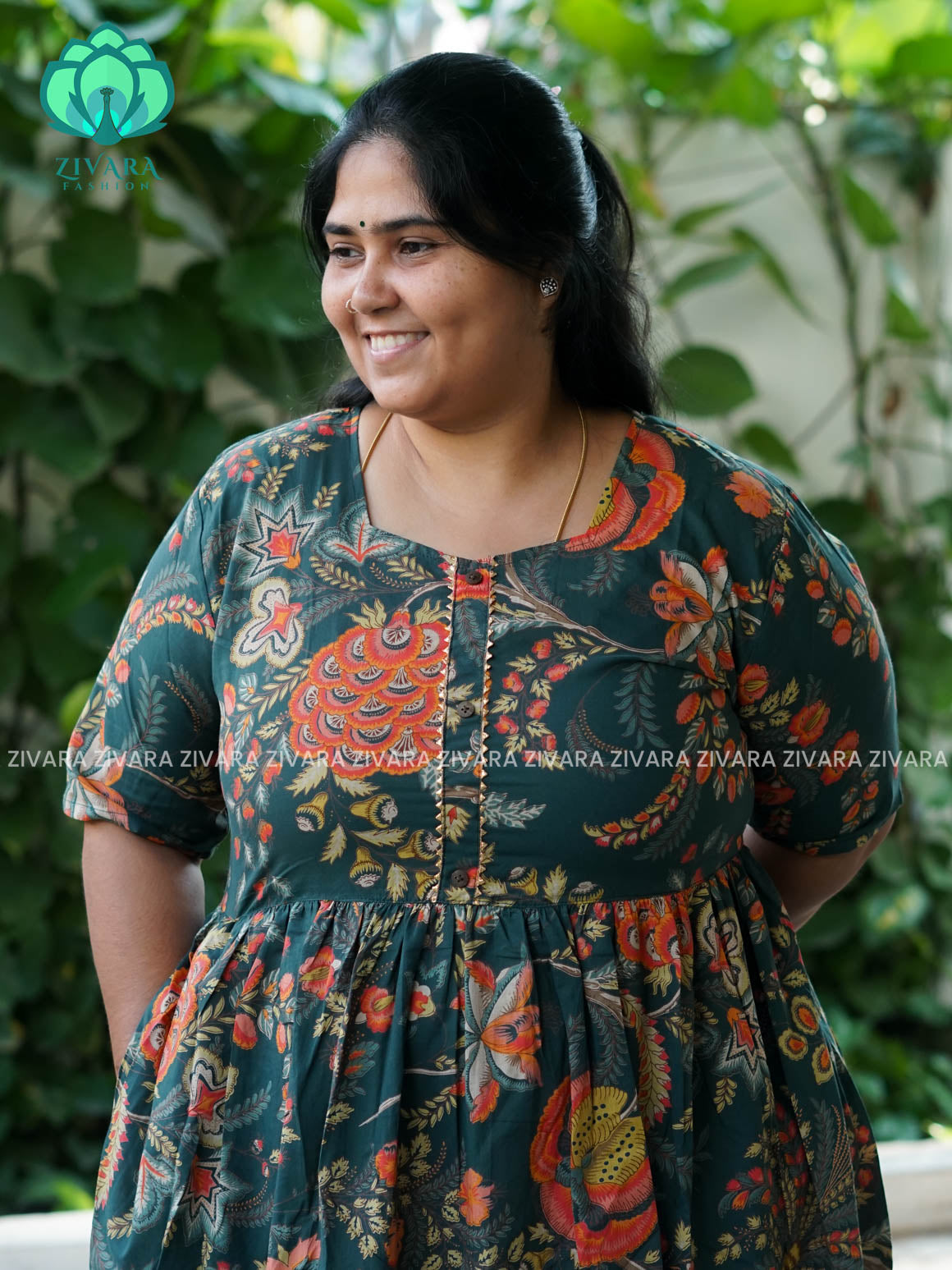 Manvi - Green    floral cotton long maxi for women- Label Zivara