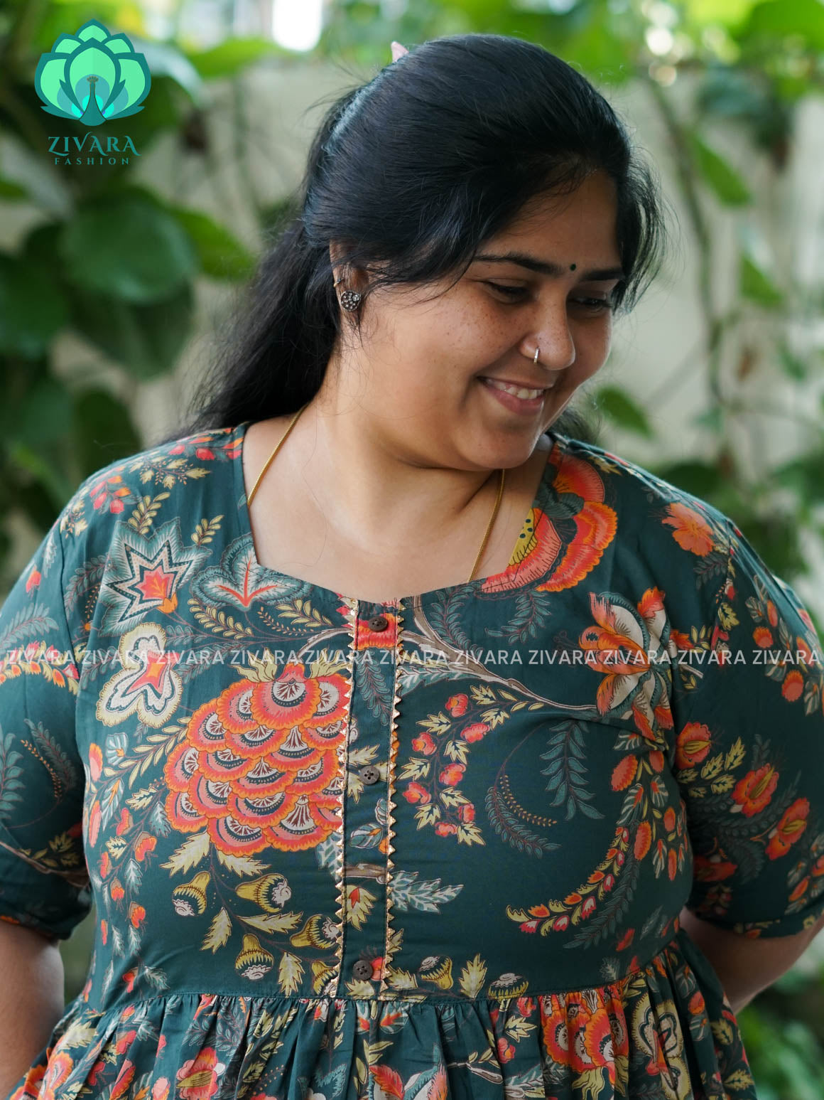 Manvi - Green    floral cotton long maxi for women- Label Zivara