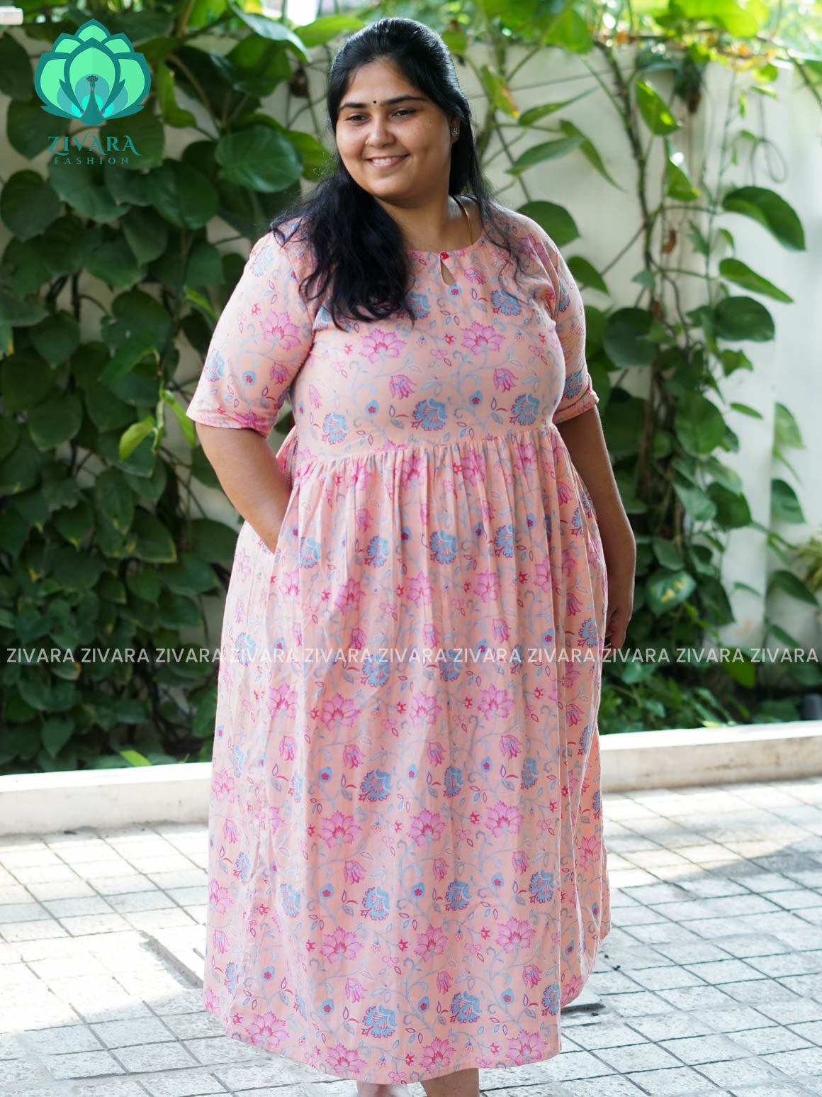Manvi - Peach floral cotton long maxi for women- Label Zivara