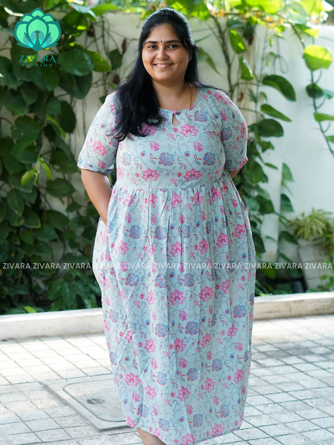 Manvi - Pastel Green floral cotton long maxi for women- Label Zivara
