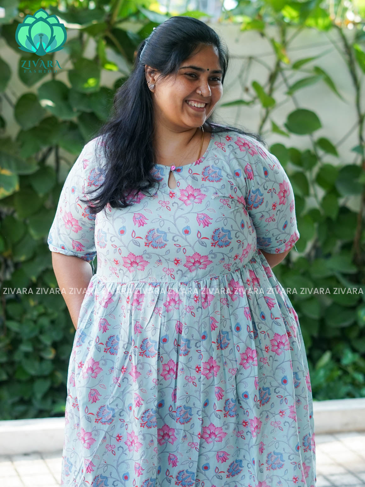 Manvi - Pastel Green floral cotton long maxi for women- Label Zivara