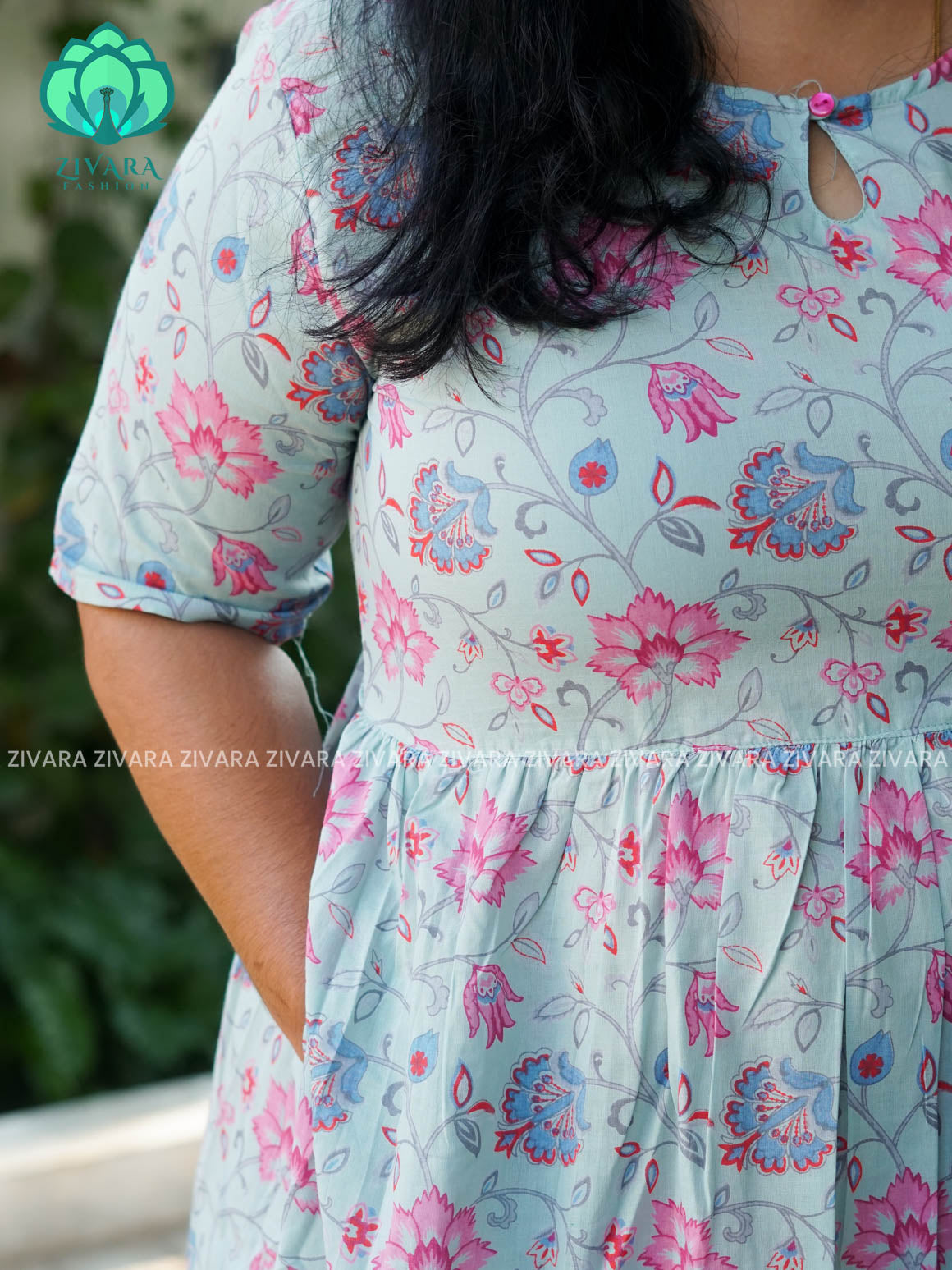 Manvi - Pastel Green floral cotton long maxi for women- Label Zivara