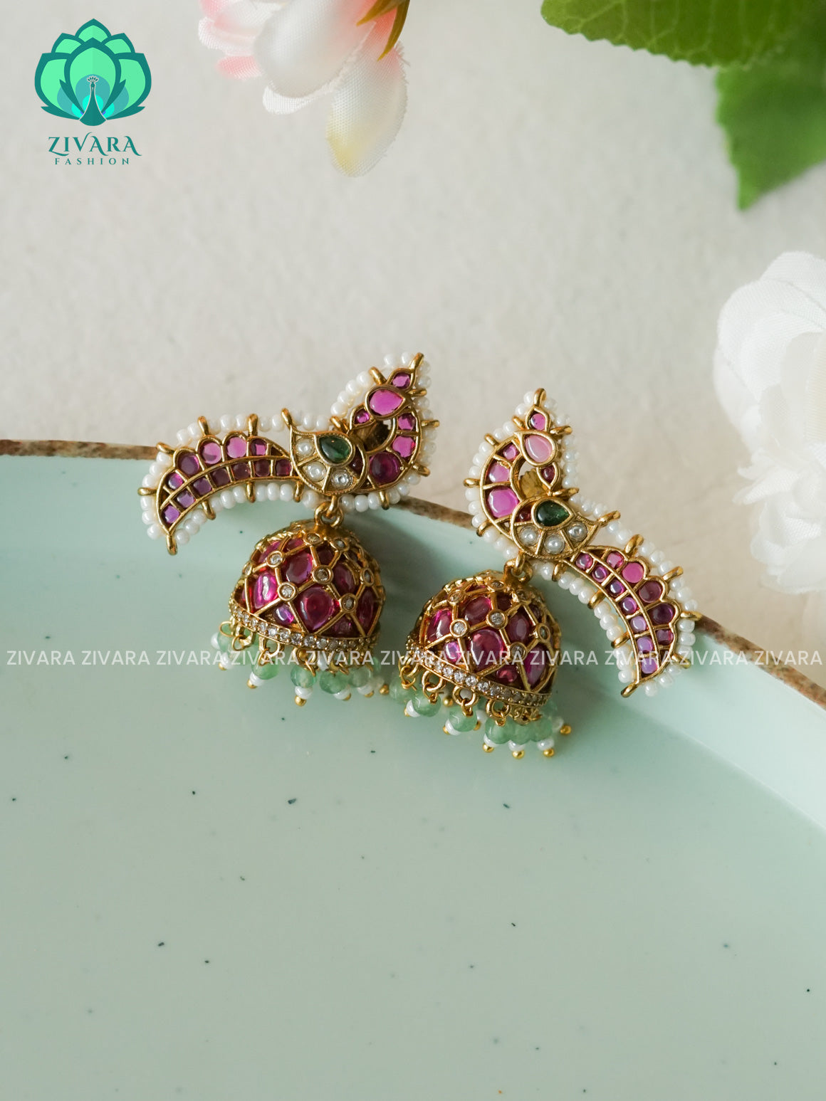 PEACOCK REAL KEMP STONE - TRADITIONAL PREMIUM MATTE  polish JHUMKA- latest jewellery collection- zivara fashion