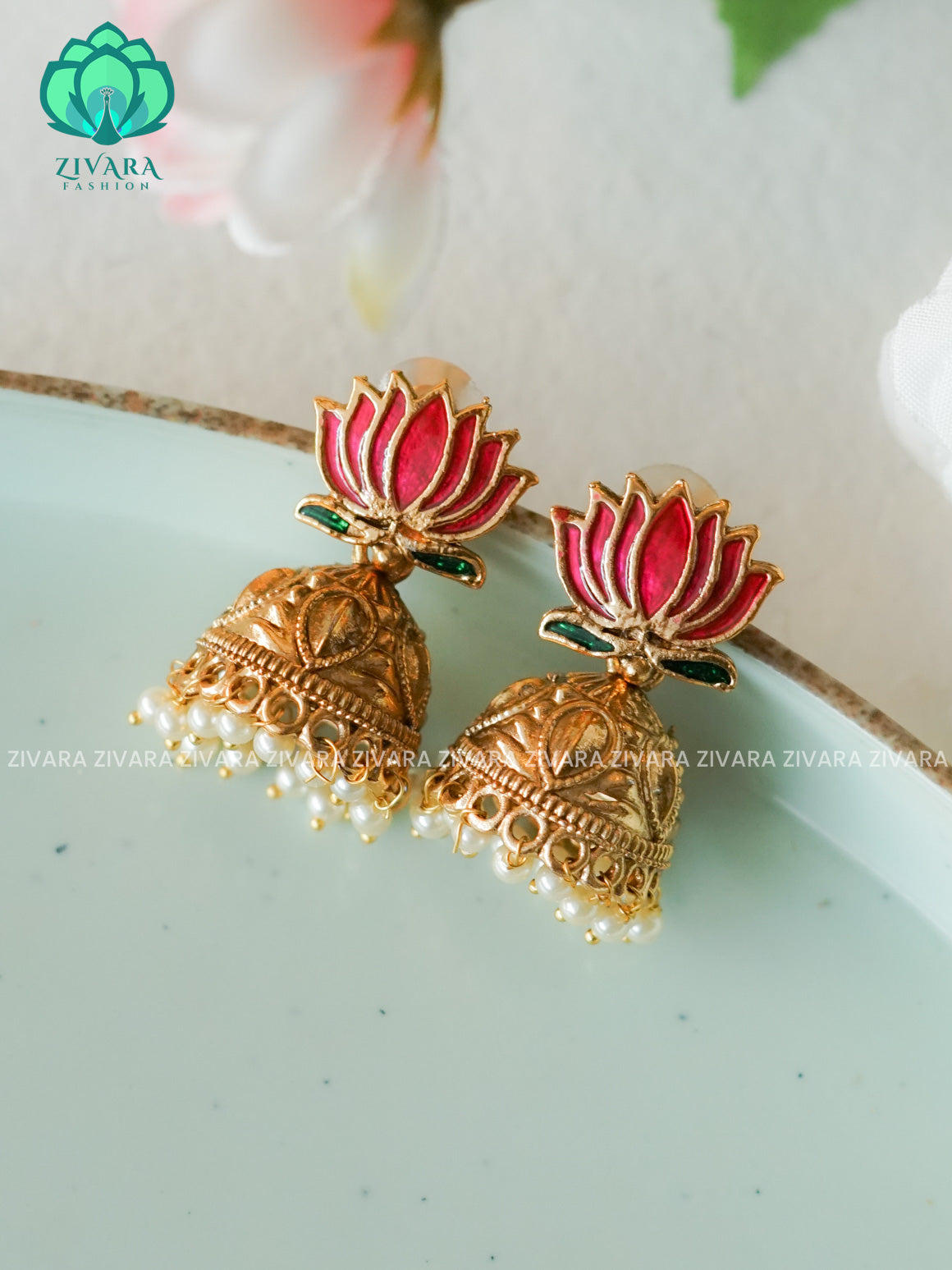 Manju varrier Pink lotus  - TRADITIONAL NORMAL MATTE  polish JHUMKA- latest jewellery collection- zivara fashion