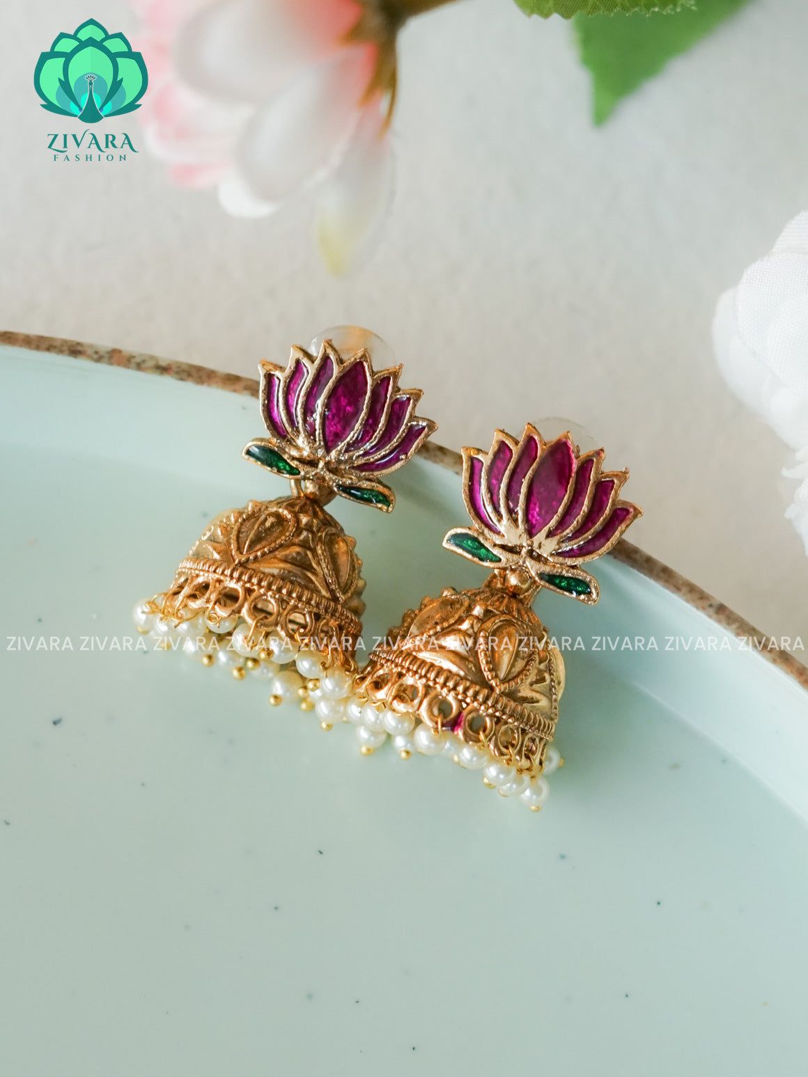 Manju varrier PURPLE lotus  - TRADITIONAL NORMAL MATTE  polish JHUMKA- latest jewellery collection- zivara fashion