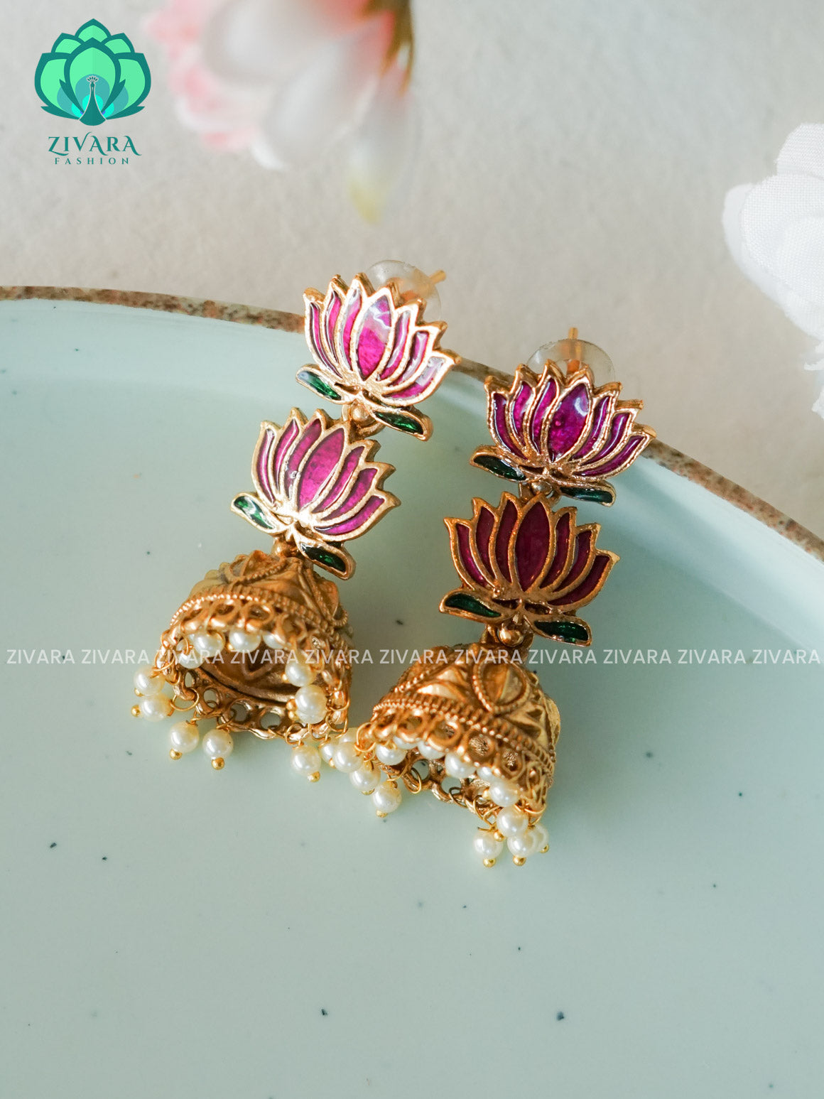 Manju varrier PURPLE lotus  - TRADITIONAL NORMAL MATTE  polish JHUMKA- latest jewellery collection- zivara fashion