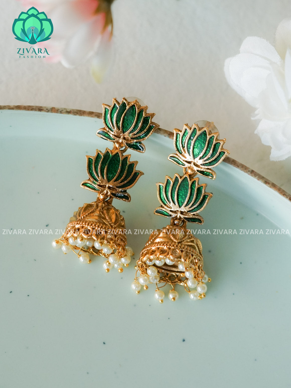 Manju varrier GREEN lotus  - TRADITIONAL NORMAL MATTE  polish JHUMKA- latest jewellery collection- zivara fashion