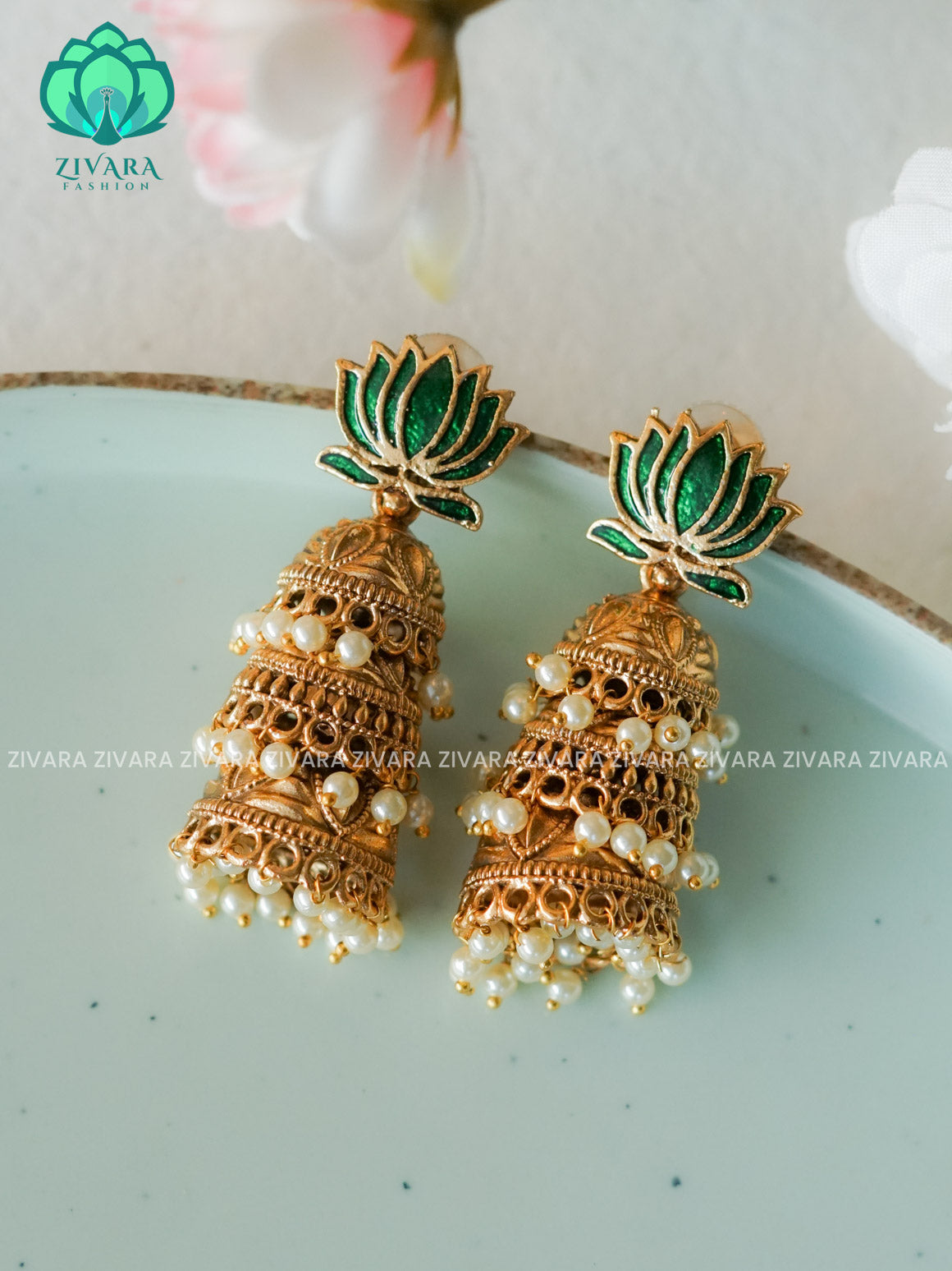Manju varrier GREEN  lotus  - TRADITIONAL NORMAL MATTE  polish JHUMKA- latest jewellery collection- zivara fashion