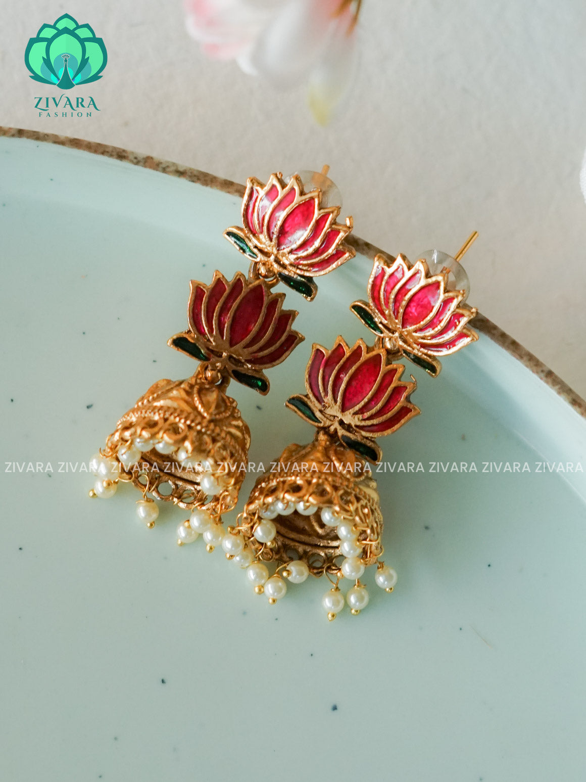 Manju varrier Pink lotus  - TRADITIONAL NORMAL MATTE  polish JHUMKA- latest jewellery collection- zivara fashion