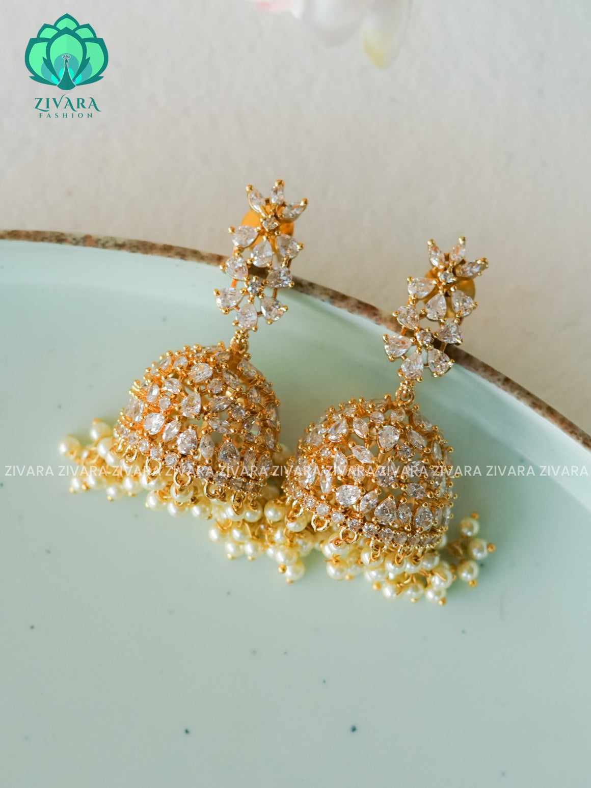 WHITE EXOTIC STONE - TRADITIONAL PREMIUM MATTE  polish JHUMKA- latest jewellery collection- zivara fashion
