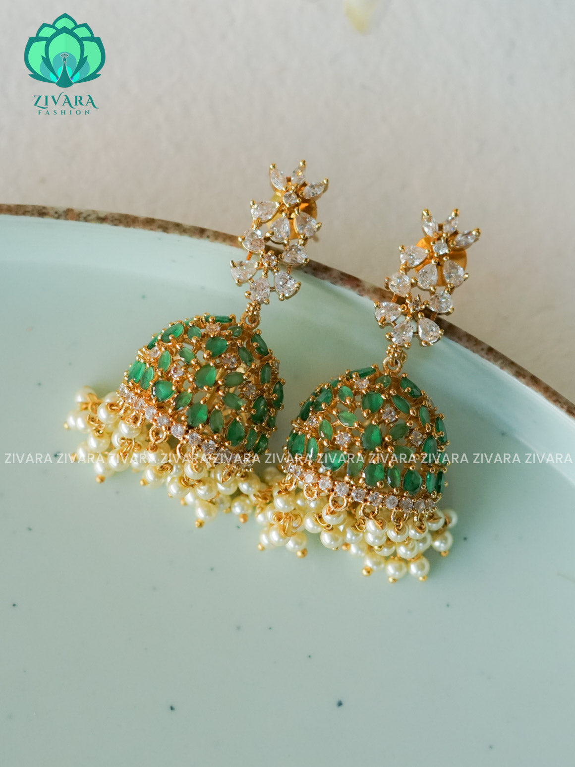 GREEN EXOTIC STONE - TRADITIONAL PREMIUM MATTE  polish JHUMKA- latest jewellery collection- zivara fashion