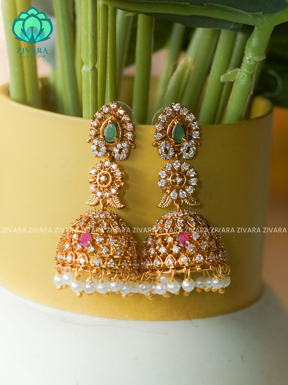 Ruby and green stone  Medium sized - TRADITIONAL PREMIUM MATTE  polish JHUMKA- latest jewellery collection- zivara fashion