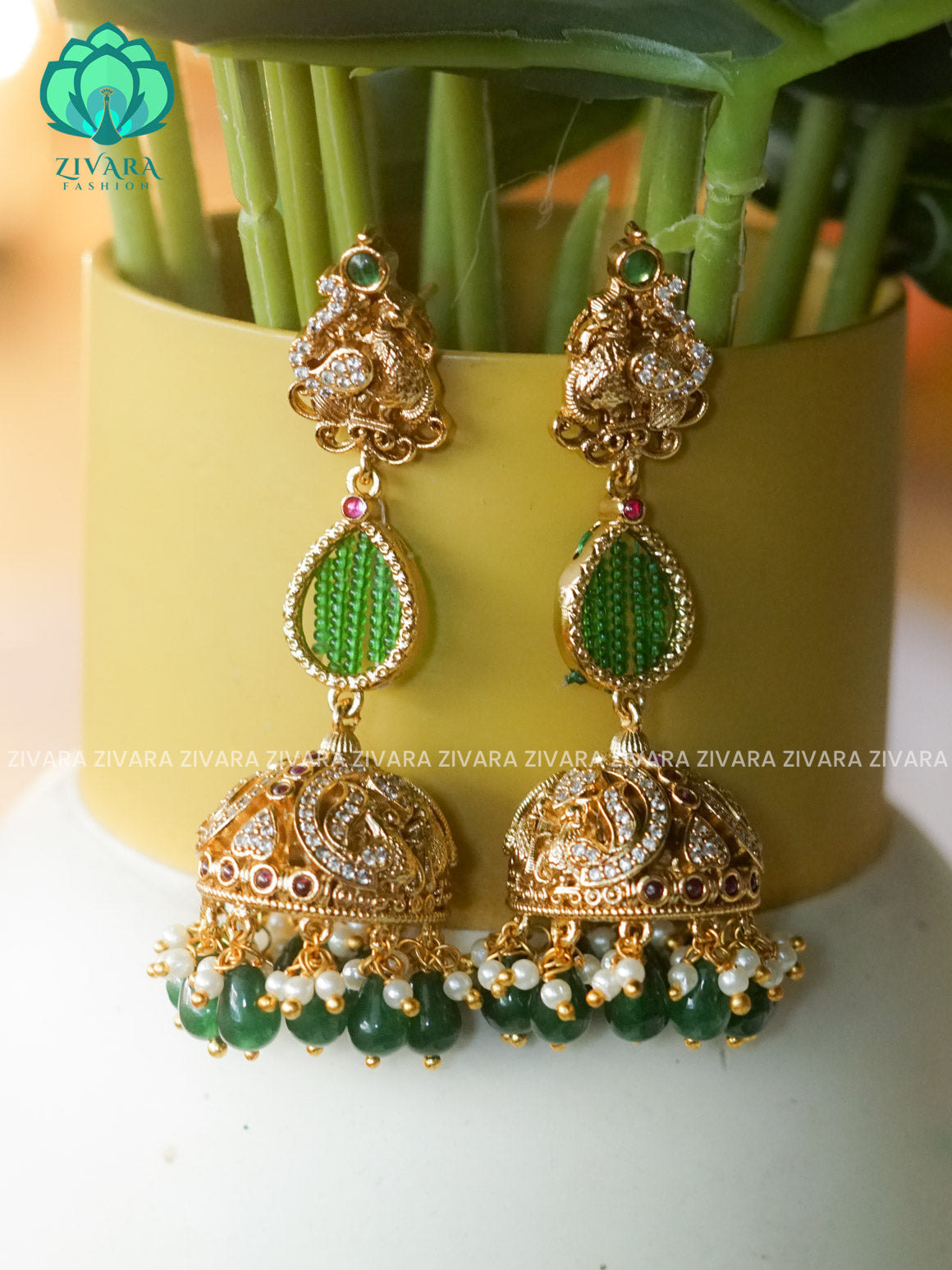 DIYA-GREEN BEADS JHUMKA - TRADITIONAL PREMIUM MATTE  polish JHUMKA- latest jewellery collection- zivara fashion