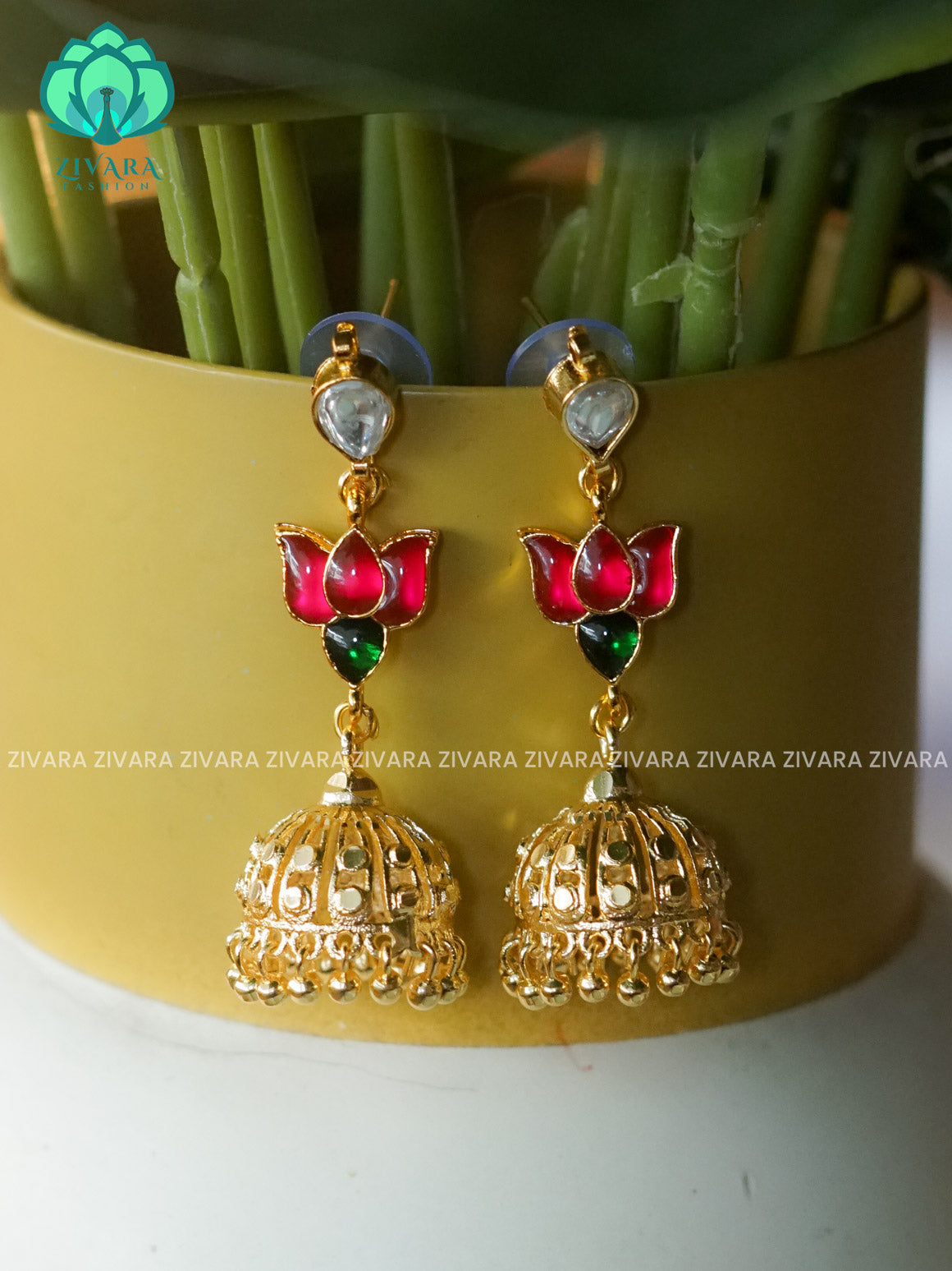PINK AND GREEN- TAMARA LOTUS JHUMKA - latest jewellery collection- zivara fashion