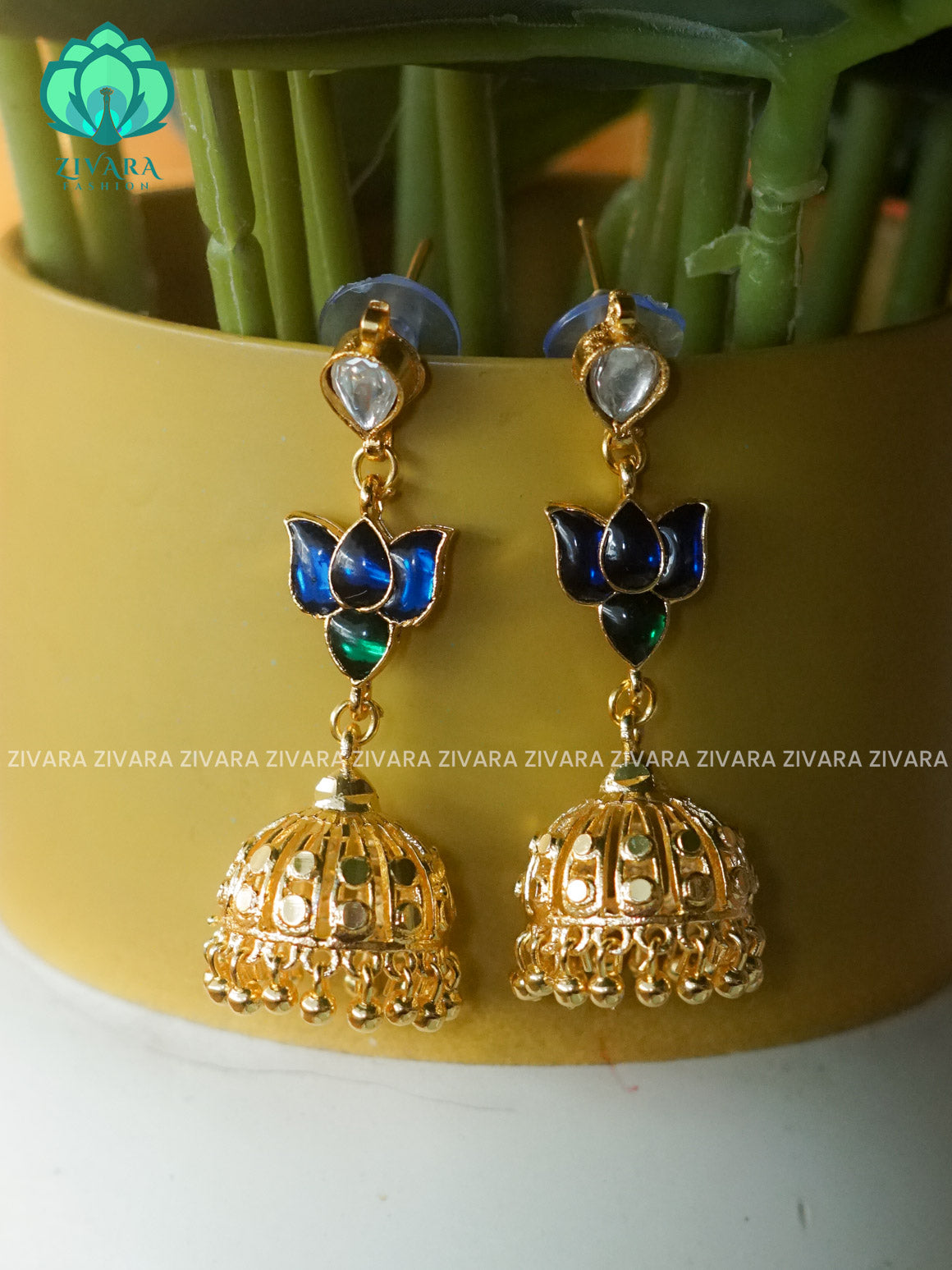 BLUE AND GREEN- TAMARA LOTUS JHUMKA - latest jewellery collection- zivara fashion