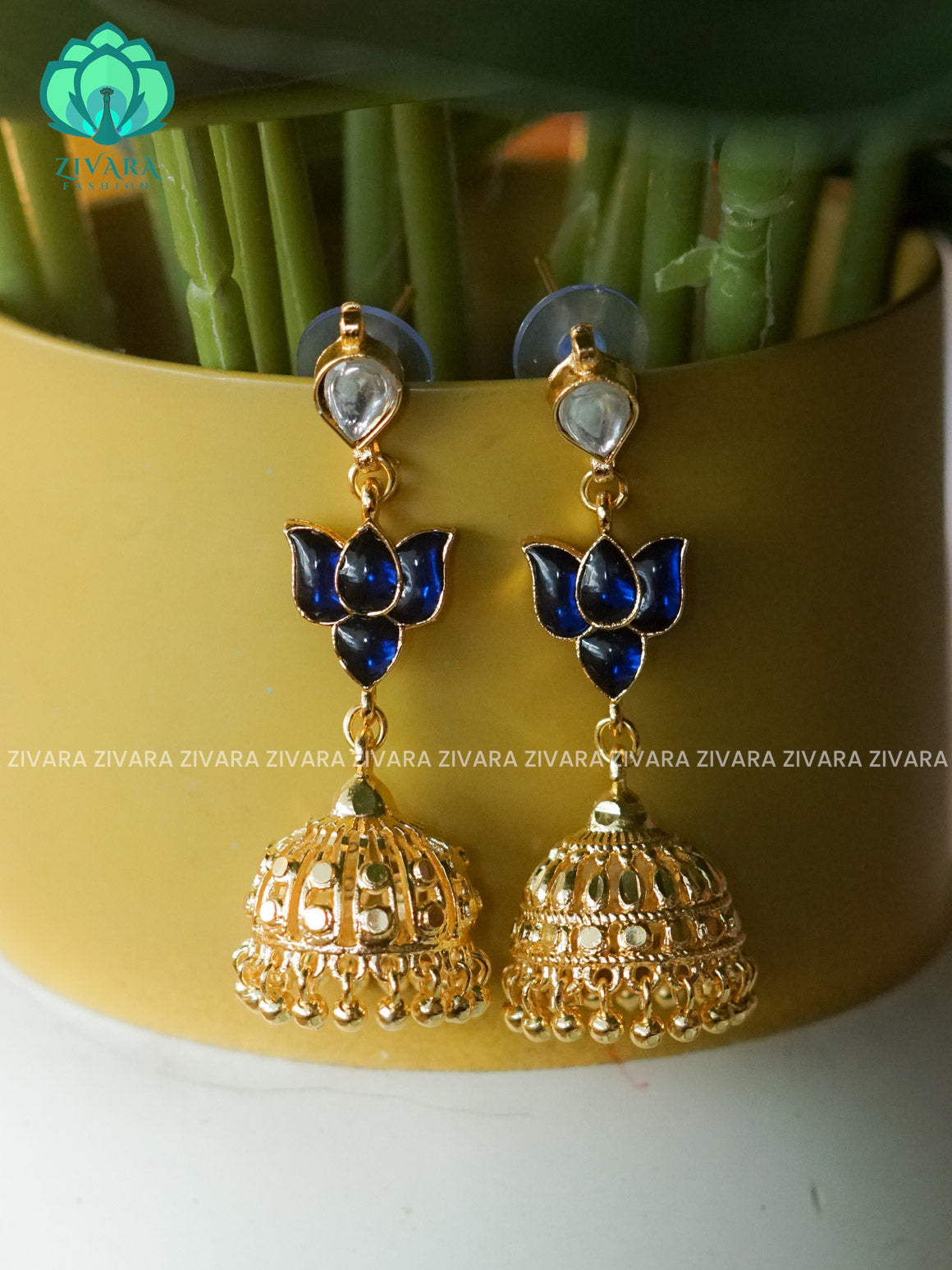 BLUE - TAMARA LOTUS JHUMKA - latest jewellery collection- zivara fashion