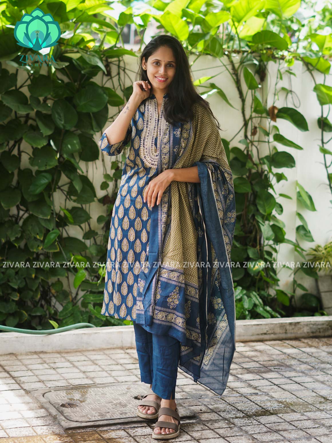 AHAANA - TEAL BLUE - MUL COTTON - SALWAR SUIT WITH DUPATTA - LABEL ZIVARA