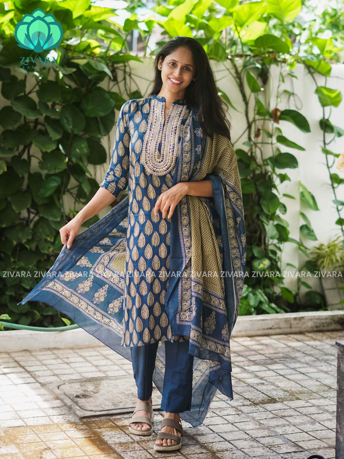 AHAANA - TEAL BLUE - MUL COTTON - SALWAR SUIT WITH DUPATTA - LABEL ZIVARA
