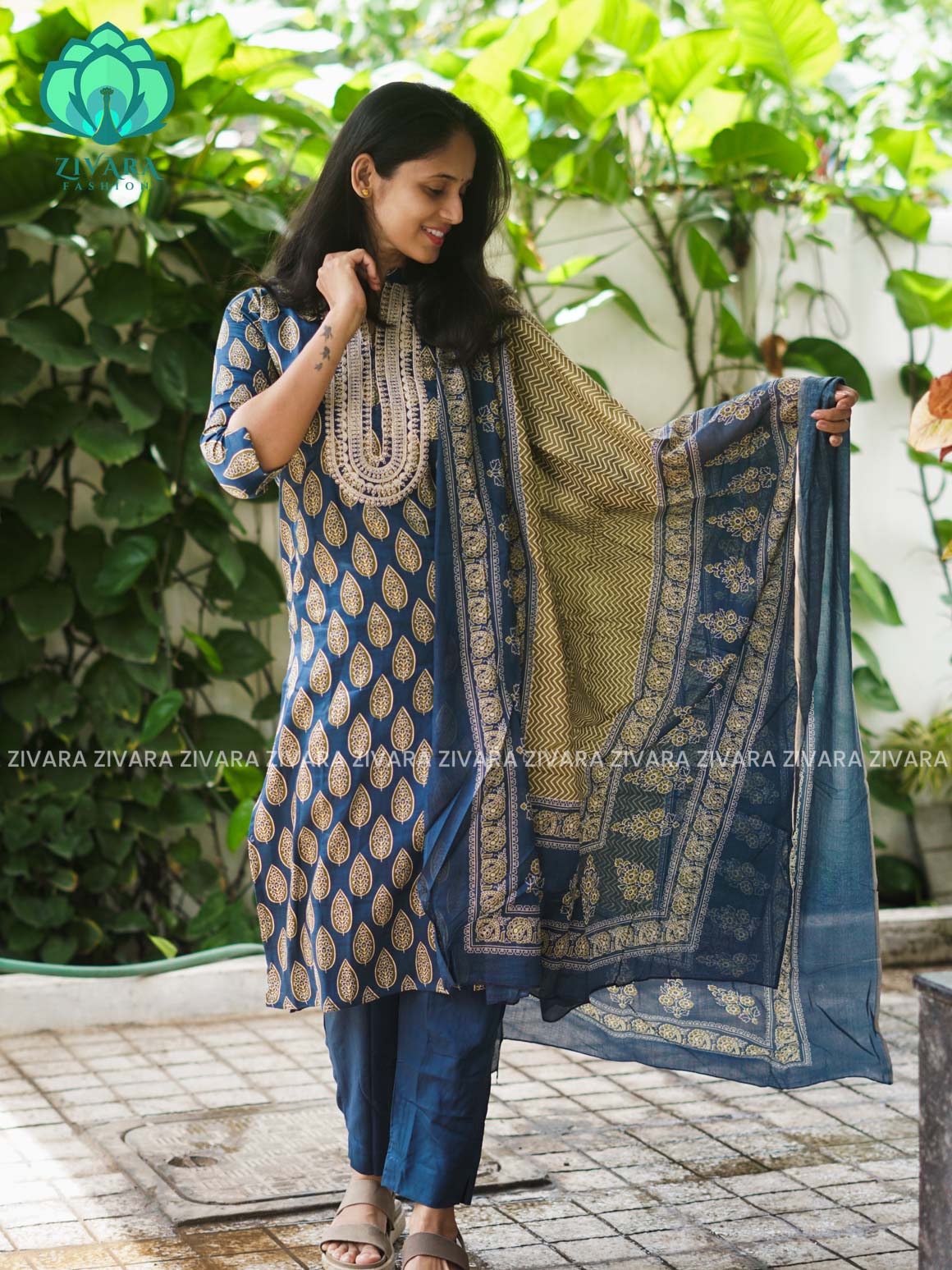 AHAANA - TEAL BLUE - MUL COTTON - SALWAR SUIT WITH DUPATTA - LABEL ZIVARA