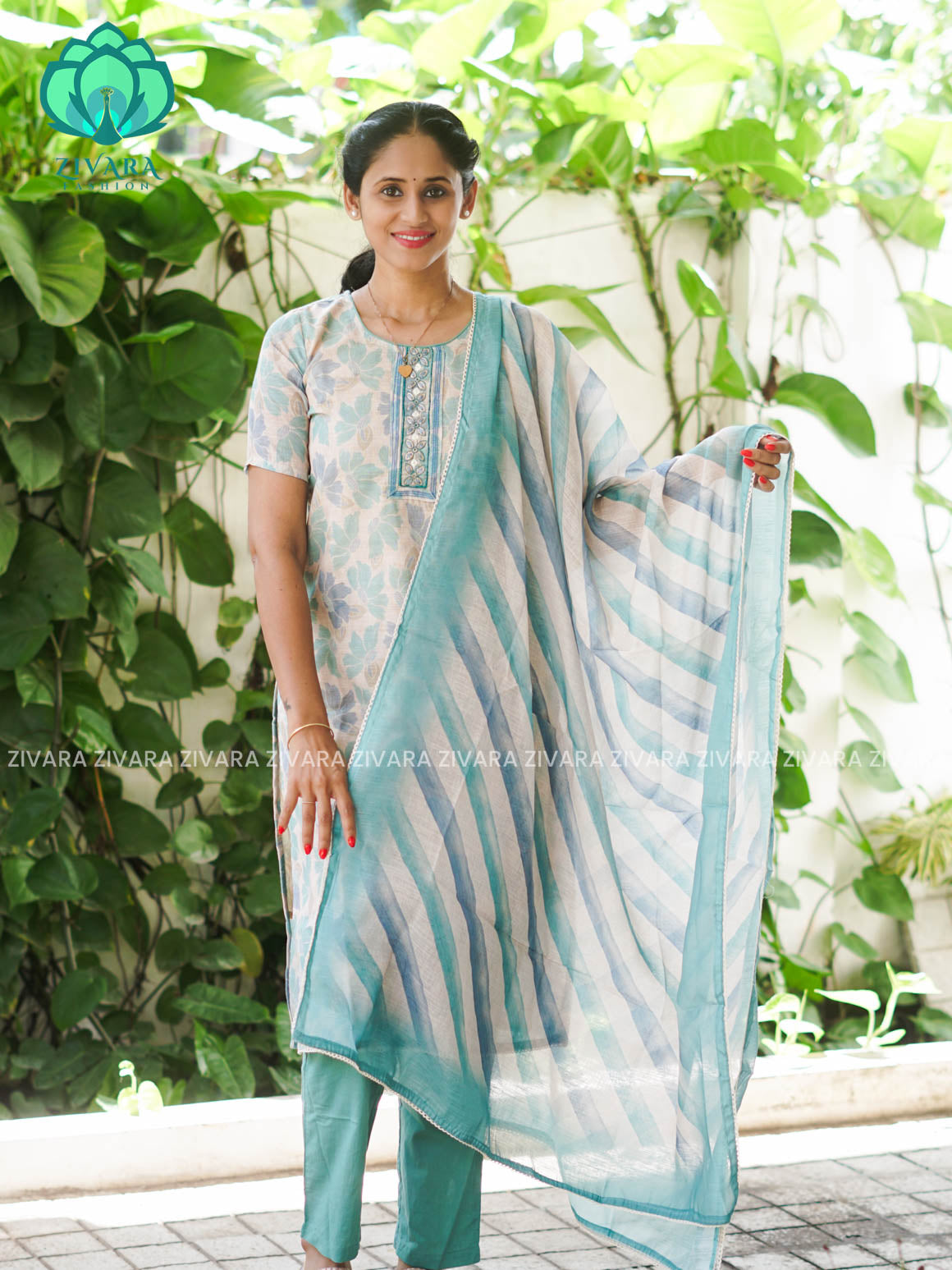 MANASA - BLUE - HANDLOOM SEMI LINEN PATCH WORK - SALWAR SUIT WITH DUPATTA - LABEL ZIVARA